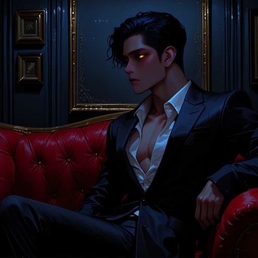 anime style, digital art, dark and moody atmosphere, young man with piercing yellow eyes, short black hair slicked back, wearing a black suit with a white dress shirt, unbuttoned to reveal a hint of chest, sitting on a red velvet couch with tufted backrest, elegant dark blue wallpaper with ornate gold patterns, two framed paintings in the background, one on each side, dim lighting with cool blue and red tones, luxurious and mysterious vibe, detailed textures on the suit and couch, sharp and clean lines, expressive and intense gaze, high contrast between light and shadows, slightly leaning forward with one hand on the couch, other hand resting on his chin, contemplative and seductive pose, dramatic and atmospheric scene, stylish and sophisticated, modern anime character design, detailed facial features, high-quality digital painting, rich and immersive visual experience