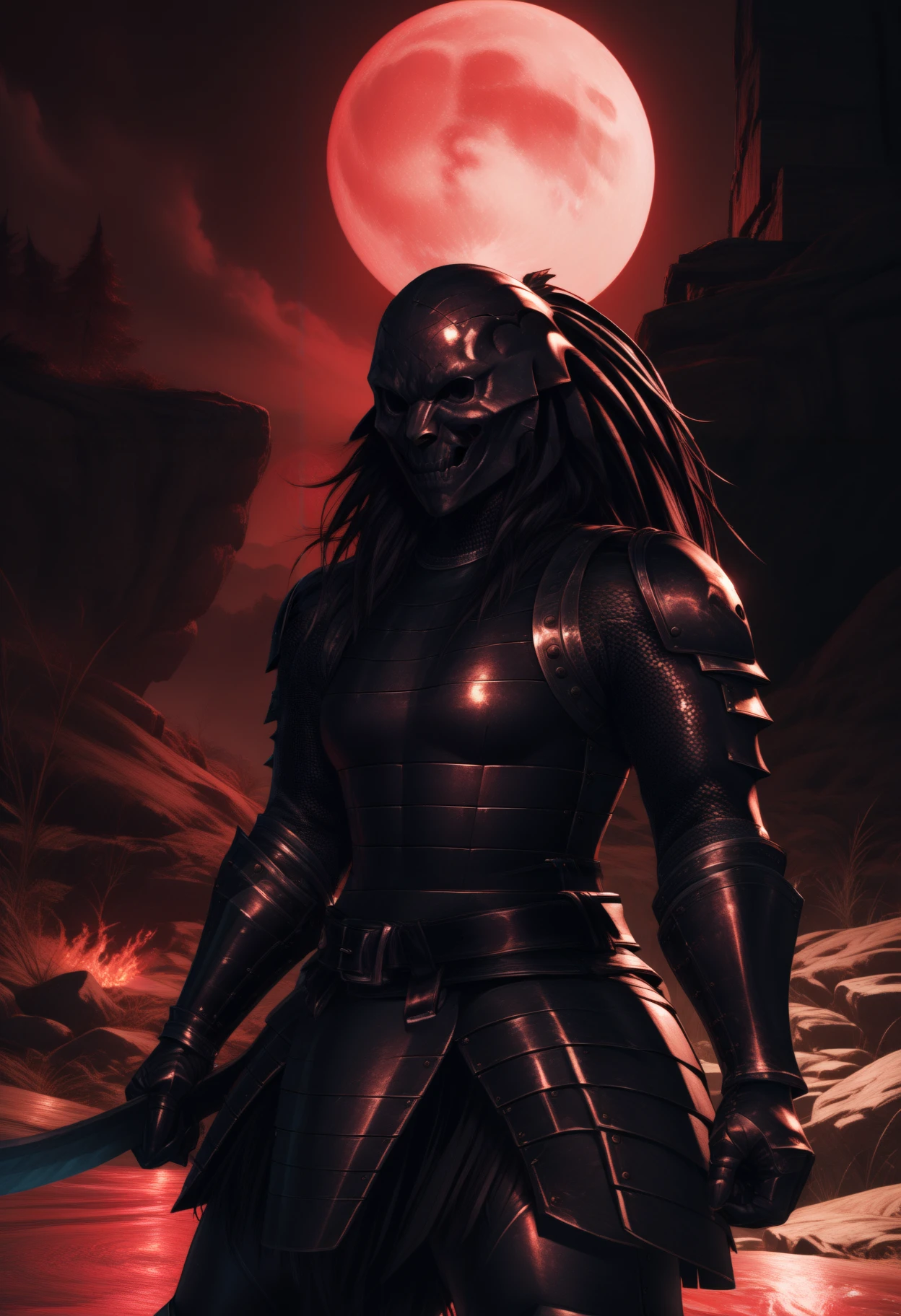 masterpiece, best quality, newest, hdr, dark, night, outdoors, red moon, full moon, solo, rrwa0d, wearing rrwa0d, black mask, covered face, covered eyes, covered mouth, chainmail, black shoulder armor, black breastplate, black gauntlets, black belt, black faulds, black waist cape, black pants, greaves, long hair, black hair, holding ka1an0a, cowboy shot, foreshortening, dynamic pose <lora:Mad warrior set:1>