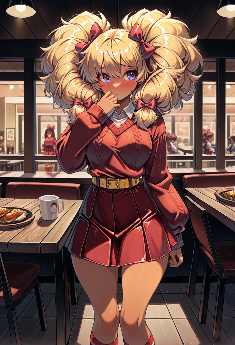 masterpiece, best quality, absurdres,
WPhoebe, standing, shy pose, hand on mouth, big twintails,
red socks, red sweater, red skirt, hair bow, collared shirt, yellow belt,
from front,
restaurant, table, chairs,