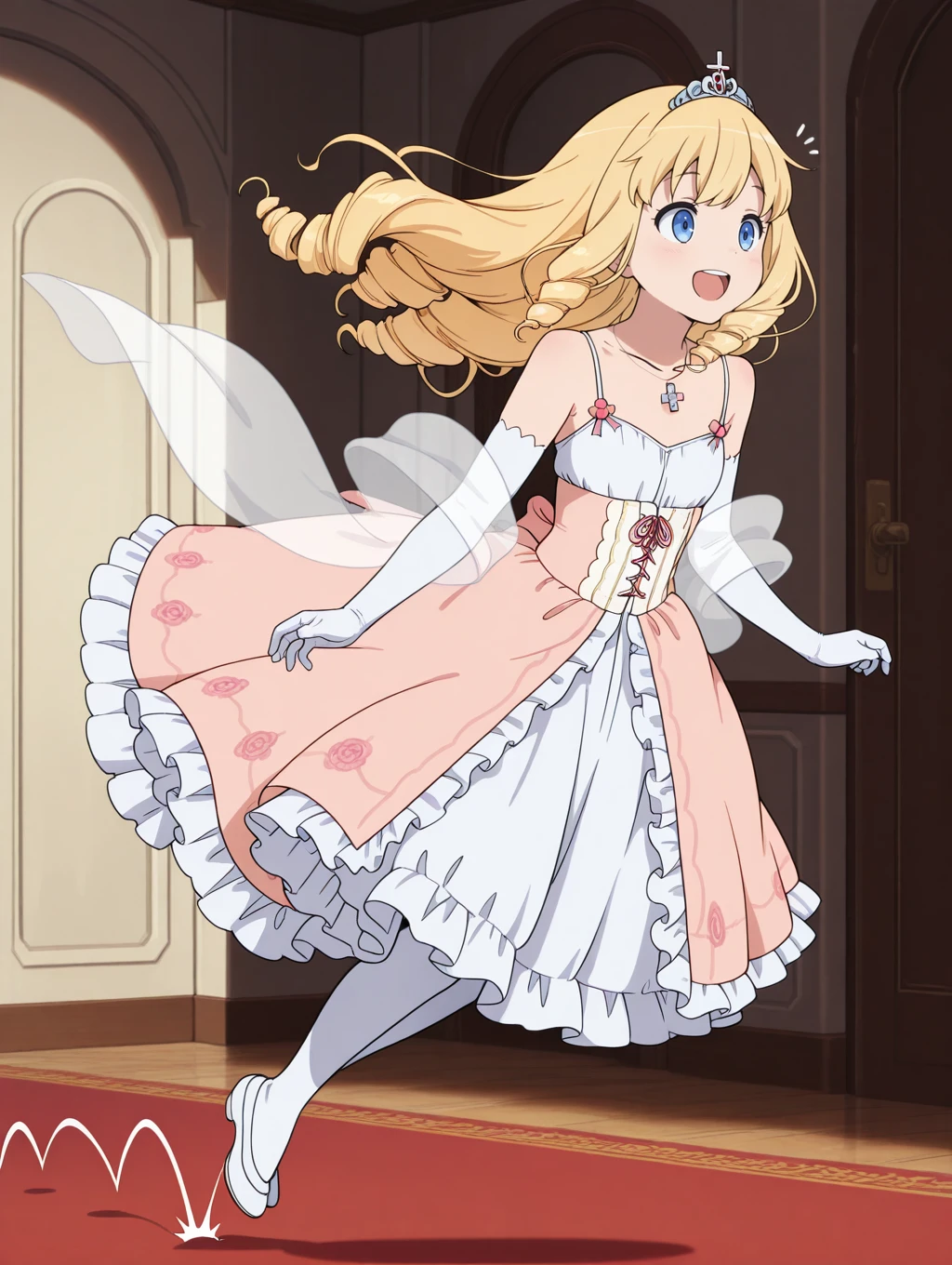 1girl, solo, very awa, masterpiece, best quality, amazing quality, very aesthetic, absurdres,
<lora:Hopping-IL-Lance-V1:1> bhop, midair, hop lines, hopping, motion lines, happy,
<lora:AmagiBrilliantPark_LatifaFleuranza_IlluXL:1> drill hair, blonde hair, blue eyes, LatifaDress, tiara, multicolored dress, frilled dress, pink dress, white dress, bare shoulders, corset, see-through shawl, elbow gloves, white gloves, cross necklace,