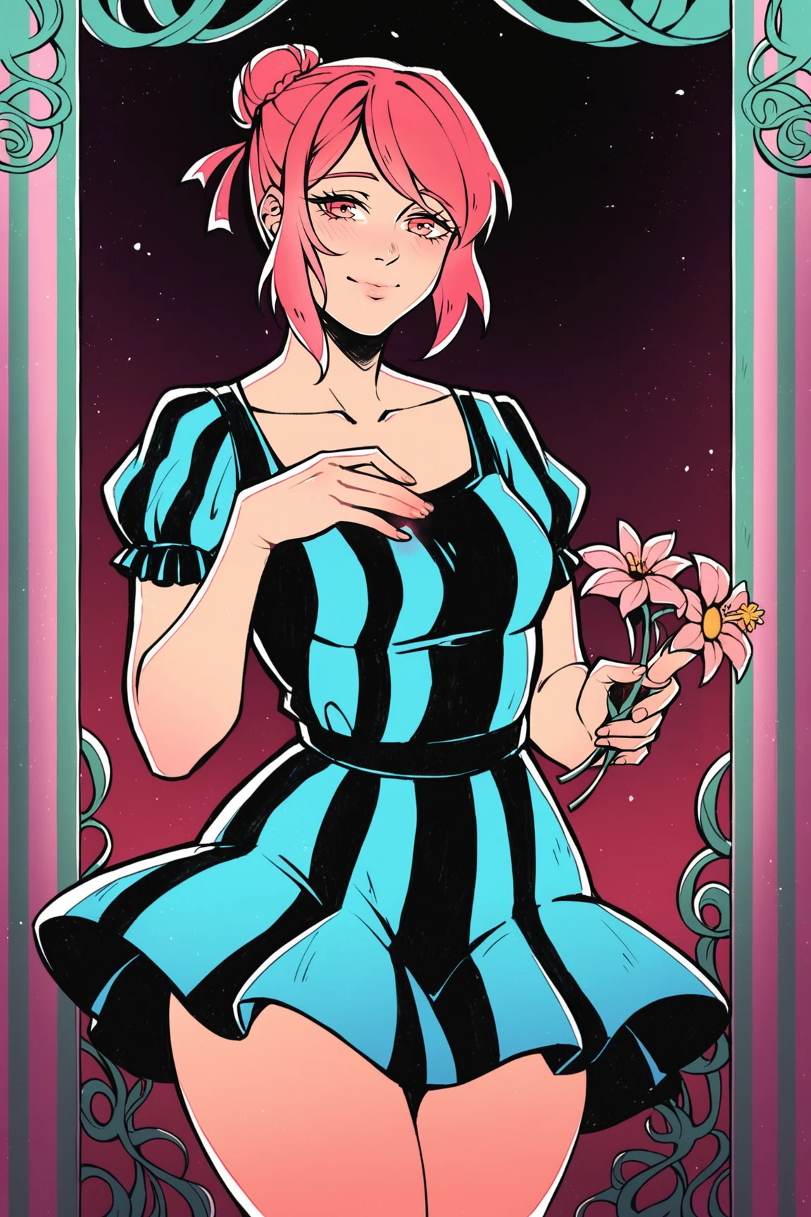 Score_9, score_8_up,
Detailed, details, cthulhuseeker, dark, gradient,
girl, shy smile, striped dress with skirt, bun hair, wide hips, holding flowers,
Detailed background, cozy room, dark room, high-contrast, seductive pose,  <lora:Cthulhuseeker_style_PDXL:1>