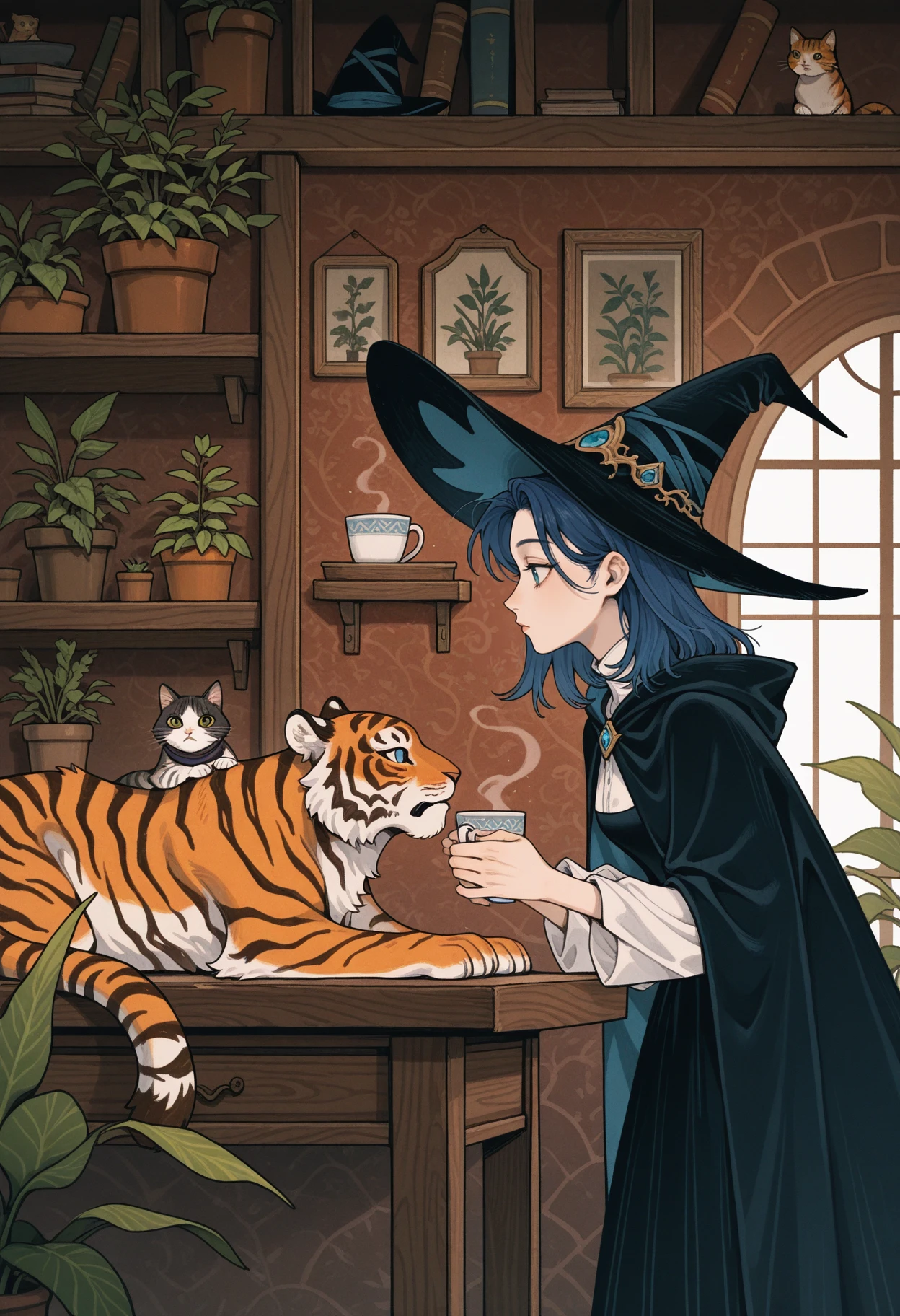 <lora:AniHuaILXL:1> an1hu4,
1girl, witch hat, cup, hat, blue hair, plant, holding, dress, indoors, from side, long sleeves, witch, tiger, potted plant, profile, table, cape, black headwear, animal, holding cup, medium hair, shelf, solo, black dress, cat, long hair, white shirt, masterpiece, best quality, amazing quality, intricate detail, highly detailed, absurdres,