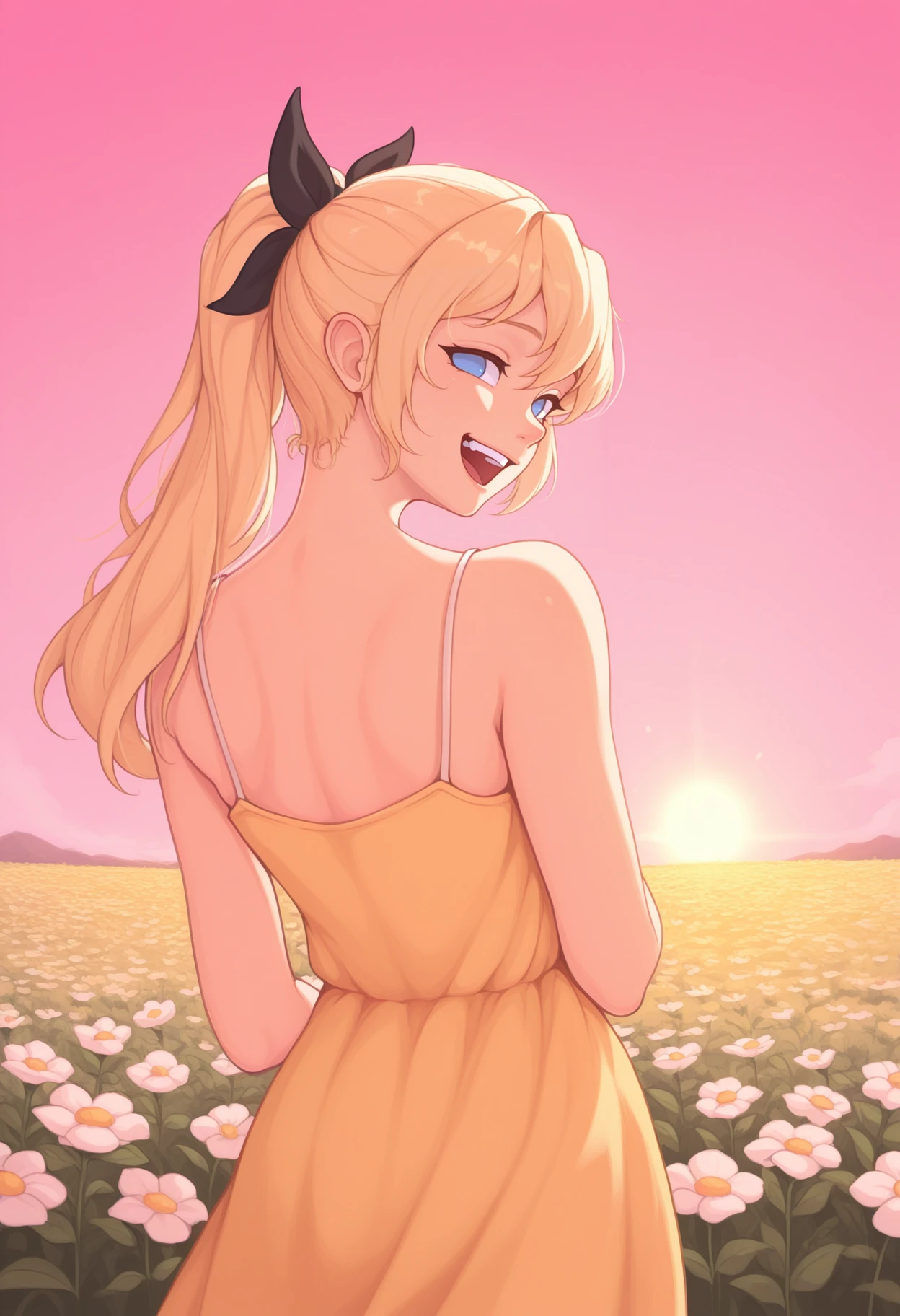 masterpiece, best quality, realistic, 1girl, solo, <lora:NSLillyKatawa:1> NSLillyMisc, blue eyes, blind, no pupils, blonde hair, long hair, ponytail, black ribbon, hair ribbon, yellow sundress, from behind, looking back, spaghetti straps, flower field, pink sky, sun, laughing, happy