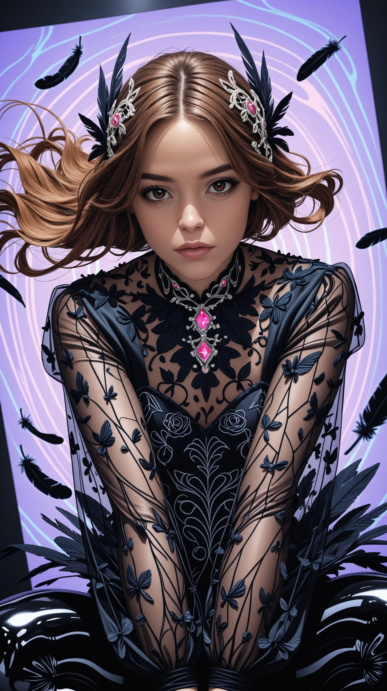 1girl, face, portrait, looking at viewer,
masterpiece,best quality,amazing quality,very aesthetic,absurdres,newest,detailed eyes, realistic body,
brown eyes, rosebrown hair, haute couture, black blouse, covered with blue black feathers haute couture,long sleeves, transparent sleeves, latex leggings,
face focus, upper body view, dynamic angle,
(one giant square in background:1.4), abstract background, minimalistic composition, purple background details, floating hair, futuristic print in background, neon colors,
dark, light from one side, dark shadow,
dynamic motion, squatting