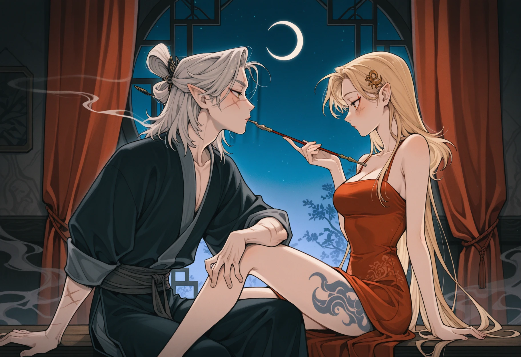 <lora:AniHuaILXL:1> an1hu4,
1girl, 1boy, moon, tattoo, night, curtains, hair ornament, breasts, grey hair, holding, sitting, crescent moon, dress, hetero, long hair, leg tattoo, pointy ears, medium hair, window, smoking pipe, smoke, blonde hair, profile, looking at another, from side, blush, scar, indoors, holding smoking pipe, masterpiece, best quality, amazing quality, intricate detail, highly detailed, absurdres,
