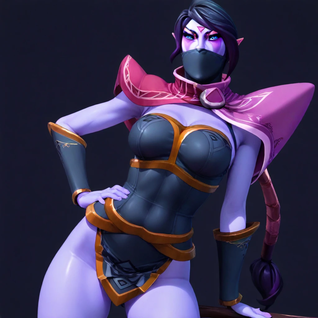 Pontuação_9 pontuação_8_acima, girl,hair long messy brown,eyes purple,bikini dark red,big tits,face smug,big much tits,full body,tali wolf,ears elf
