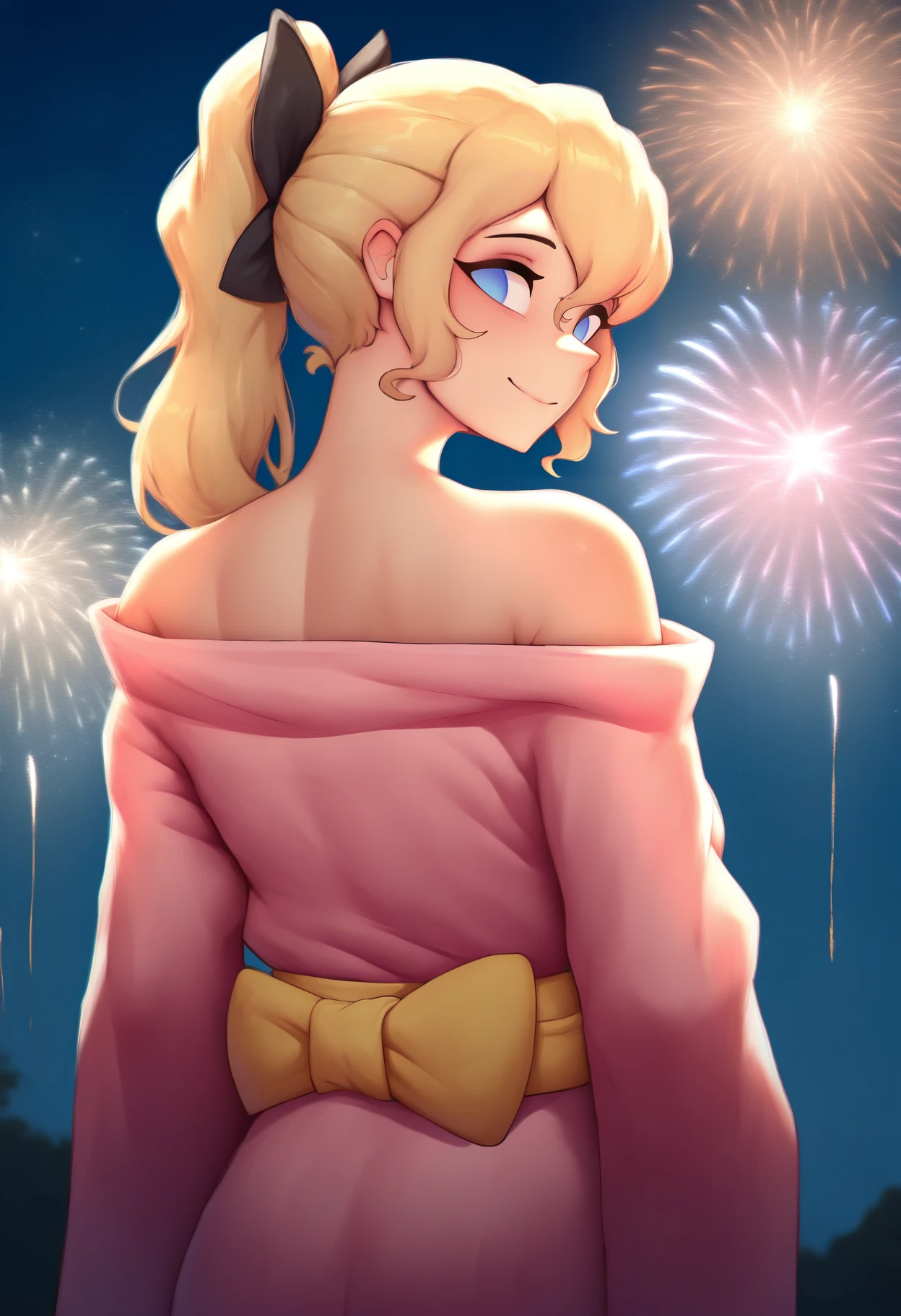 masterpiece, best quality, newest, absurdres, highres, 1girl, solo, <lora:NSLillyKatawa:1> NSLillyMisc, blue eyes, blind, no pupils, blonde hair, long hair, ponytail, black ribbon, hair ribbon, pink kimono, yellow sash, from behind, bare shoulder, looking back, smile, fireworks