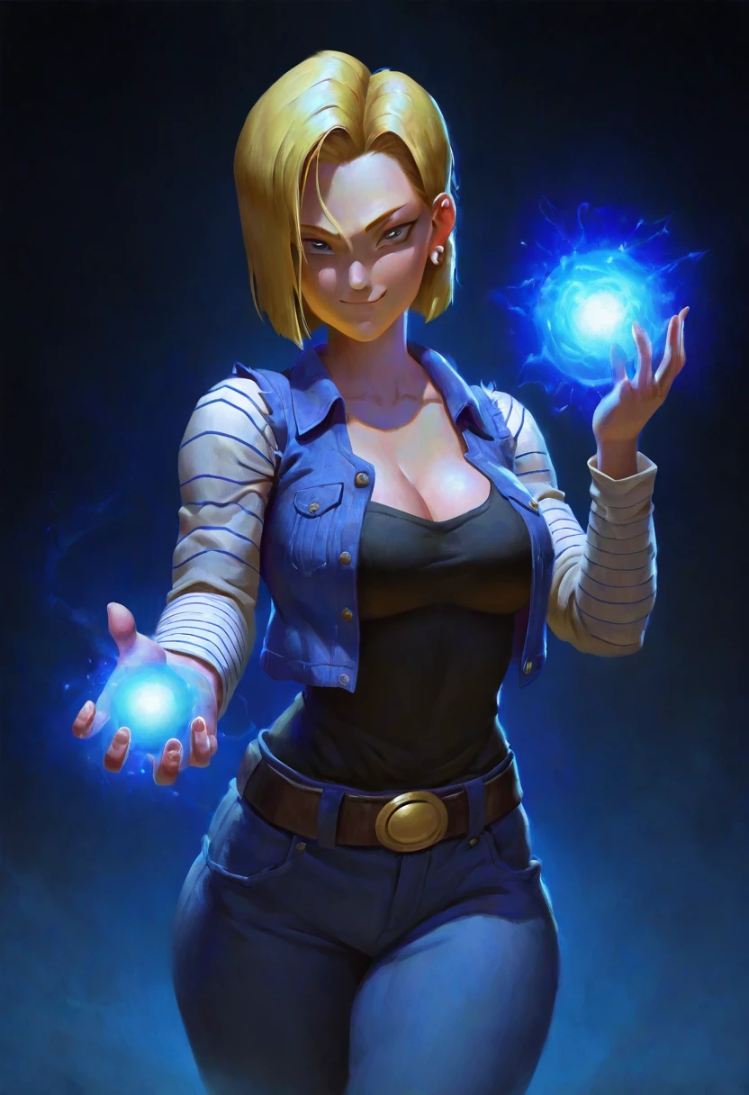 nsfw, naranbaatar, masterpiece, semirealism, painterly, best quality, solo, android 18, smug, blonde, blue eyes, denim vest, holding blue energy ball, neon hue, medium shot, cleavage,