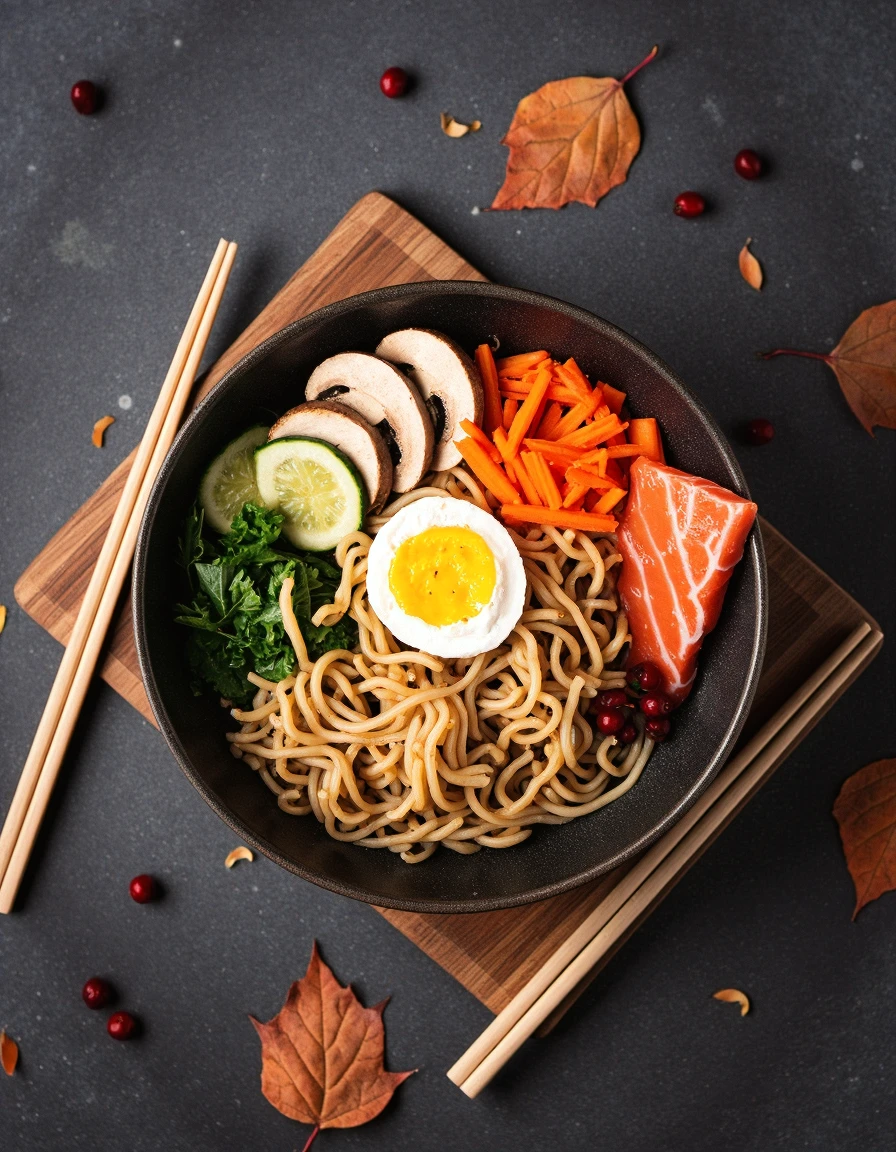 foodpho , High resolution food photography style using Sony A7RIV, The image shows a bowl of ramen noodles with a hard-boiled egg on top. The bowl is black and is placed on a wooden cutting board with a pair of wooden chopsticks resting on the side. The noodles are light brown and appear to be thin and fluffy. There are also sliced mushrooms, sliced carrots, and sliced cucumbers scattered throughout the dish. On the right side of the bowl, there is a piece of red meat, possibly salmon, and a few small red berries. The background is a dark grey textured surface with autumn leaves scattered around. The image is detailed and shot using a 50mm f 1.8 lens.