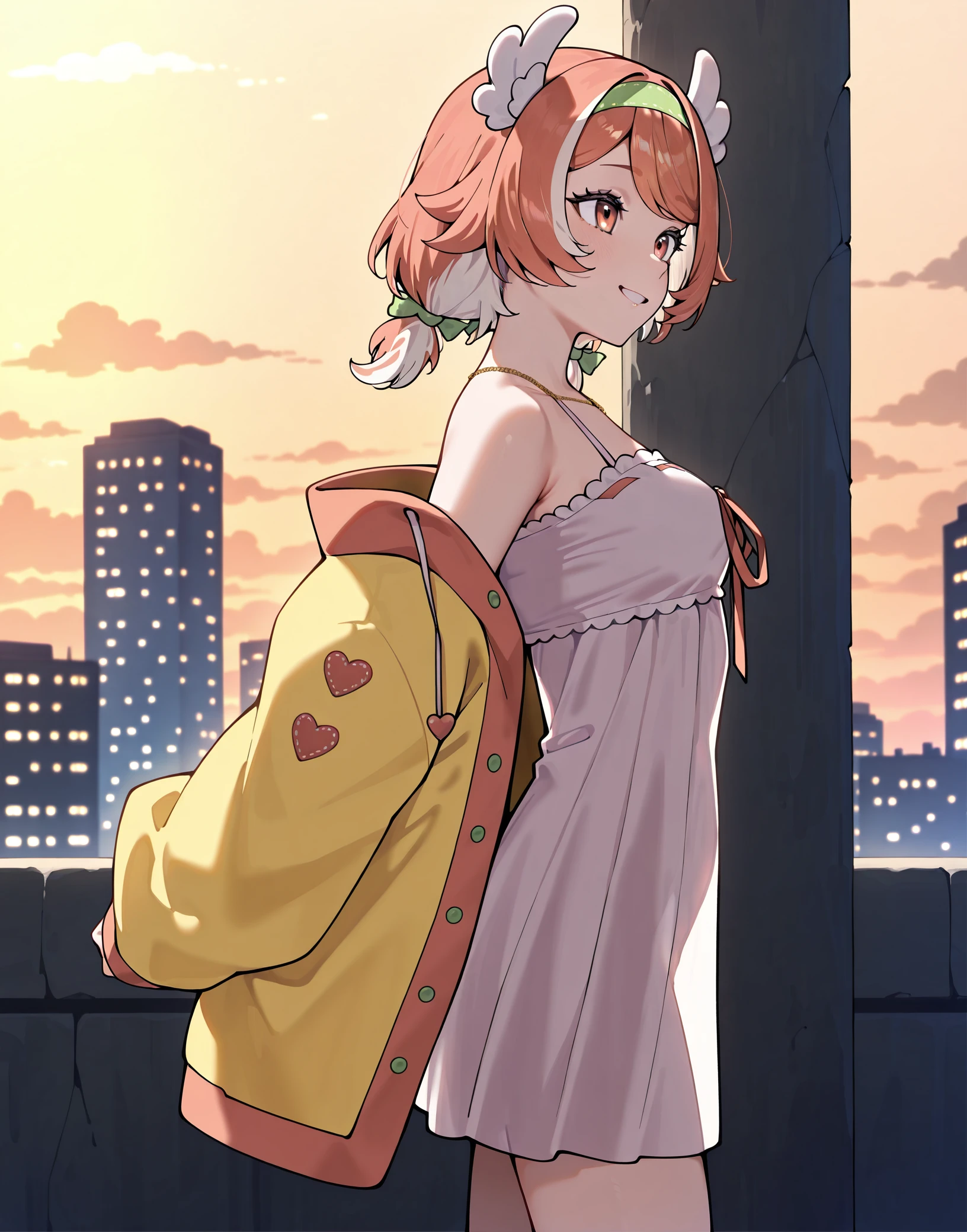 masterpiece, perfect quality, best quality, absolutely eye-catching, absurdres, highres, newest, <lora:pillowdear20IllustriousXL:1>, 1girl, pillowdear2nd, cowboy shot, jacket, from side, smile,