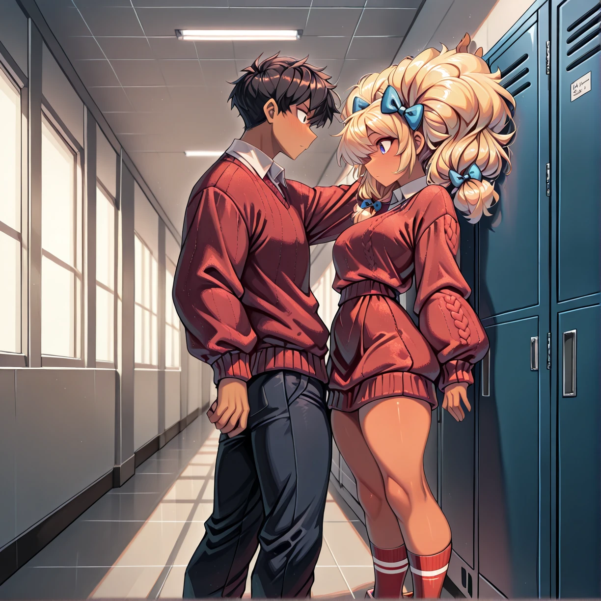masterpiece, best quality, absurdres,
WPhoebe, 1boy, kabedon, standing, back against lockers, big twintails,
red socks, red sweater, hair bow, collared shirt,
from side, from front,
lockers, hallway,