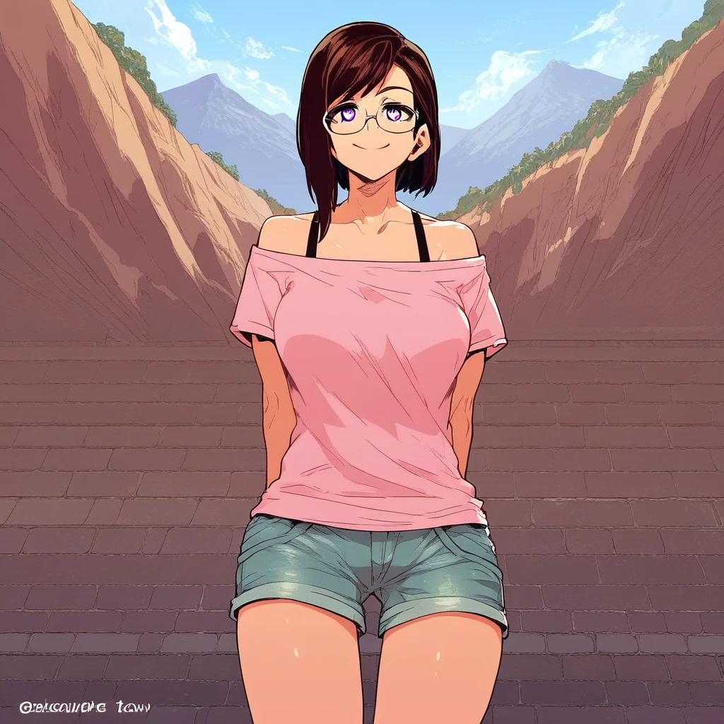 score_9, score_8_up, score_7_up, score_6_up, source_anime, BREAK, 1girl, solo, (( <lora:kaede_oideyo:1> , kaede_oideyo, thin waist, wide hips, beautiful skin, piercing purple eyes, clear eyes, bright pupils, beautiful eyes, beautiful dark brown hair, beautiful medium bob haircut, bangs, huge and shaggy breasts, natural beauty, extraordinary beautiful woman, attractive woman, super sexy woman, lustful body, sexy woman with seductive obscene body, sensual body, voluptuous body, sexy beauty, no piercings, no piercing, )) , ((off-shoulder short-sleeves pink top, denim shorts, glasses, black straps, )) , closed mouth, sexy pose, seducative beautiful smile, outside, mountain, looking at viewer, seductive, hands behind back, standing, from below, cowboy shot, front view, closing up, leans forward, huge cleavage,