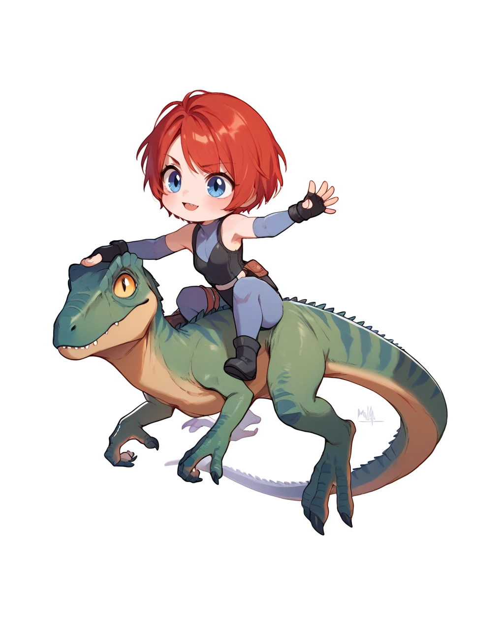 <lora:DinoCrisis_Regina-PONY:0.8> 1girl, 1nimal, chibi, full body, white background, red hair, short hair, blue eyes, leotard, bodysuit, detached sleeves, fingerless gloves, mount, riding dinosaur, velociraptor, score_9, score_8_up, score_7_up, score_6_up,
