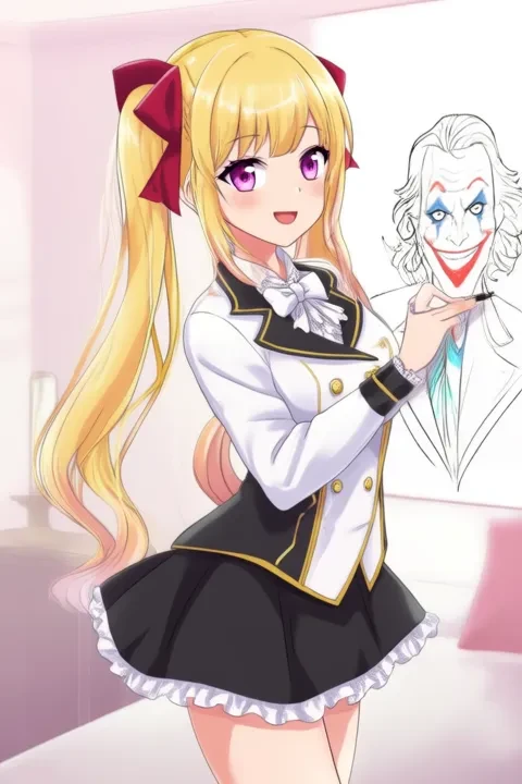 Takamiya Rion, anime-style girl. The image features an anime-style character with long blonde hair styled in twin tails, each adorned with a red bow. The character has striking purple eyes and is wearing a white blouse with black trim and gold buttons, paired with a black skirt that has a frilled hem, (She is drawing the Joker:2.5) in bedroom.
