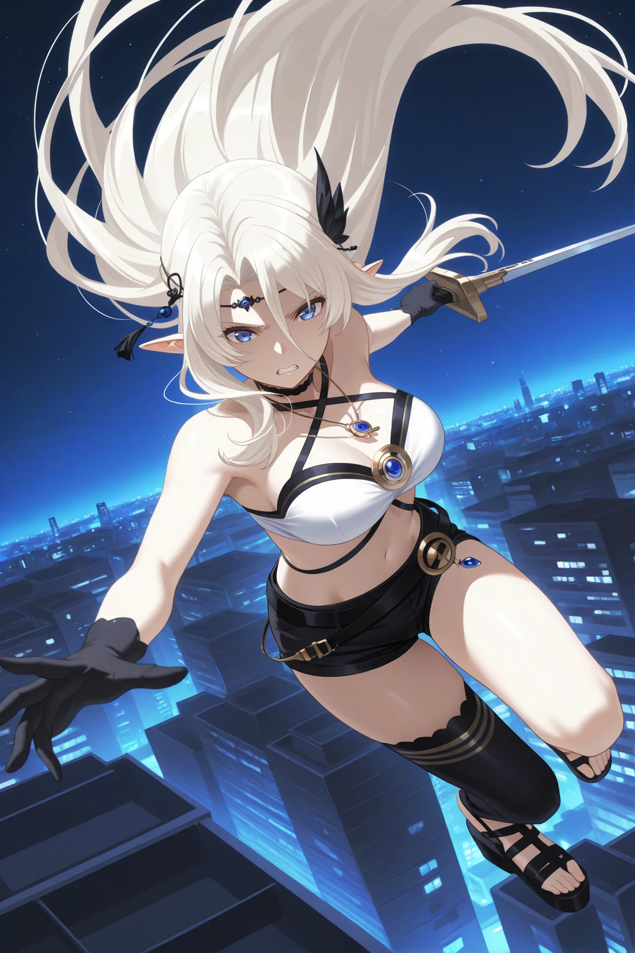 masterpiece, best quality, 1girl, solo, <lora:sdbeatrix-illu-nvwls-v1-000006:1> sdbtr, pointy ears, platinum blonde hair, long hair, hair between eyes, blue eyes, circlet, hair ornament, black choker, pendant, white tube top, criss-cross halter, black straps, black shorts, short shorts, belt, black gloves, single thighhigh, platform sandals, night sky, holding sword, serious, clenched teeth, falling, midair, dynamic pose, cityscape