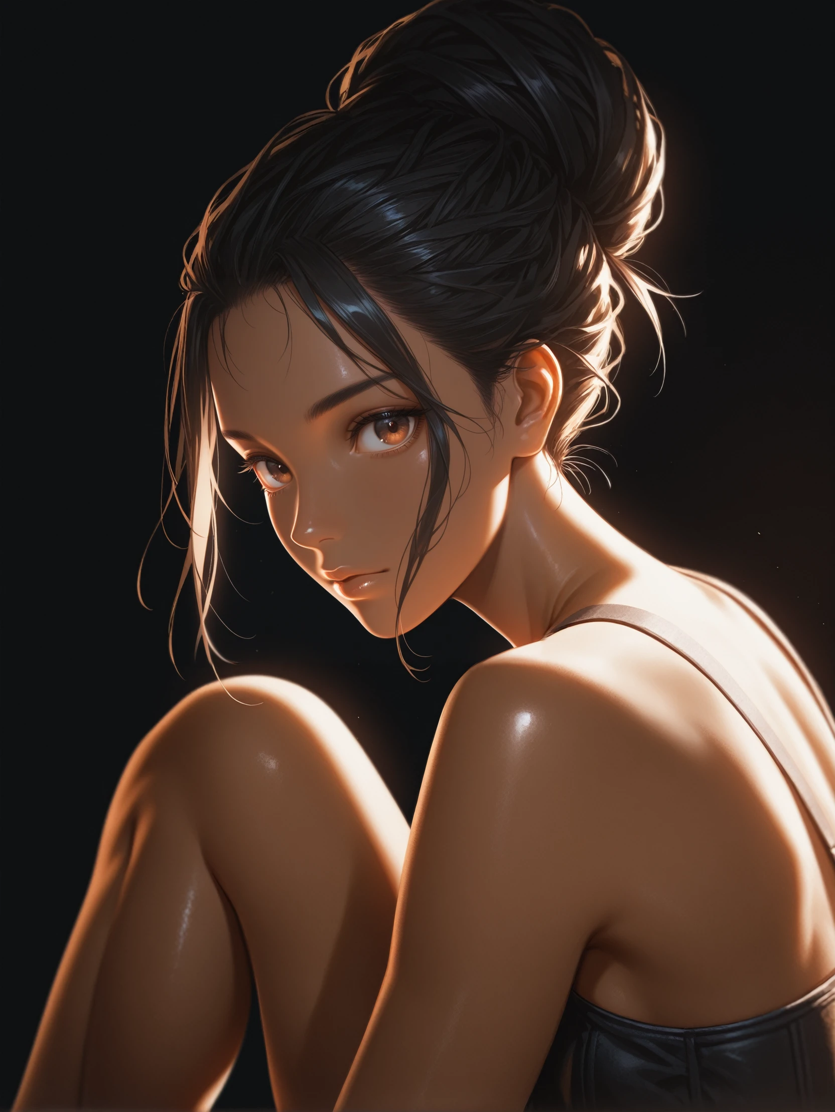 masterpiece, best quality, absurdres,
<lora:ILCyberPanam:1.0>
CyberPanam, 1girl, black hair, brown eyes, dark skin, looking at viewer, sitting, knee up, from the side, black background, back lighting