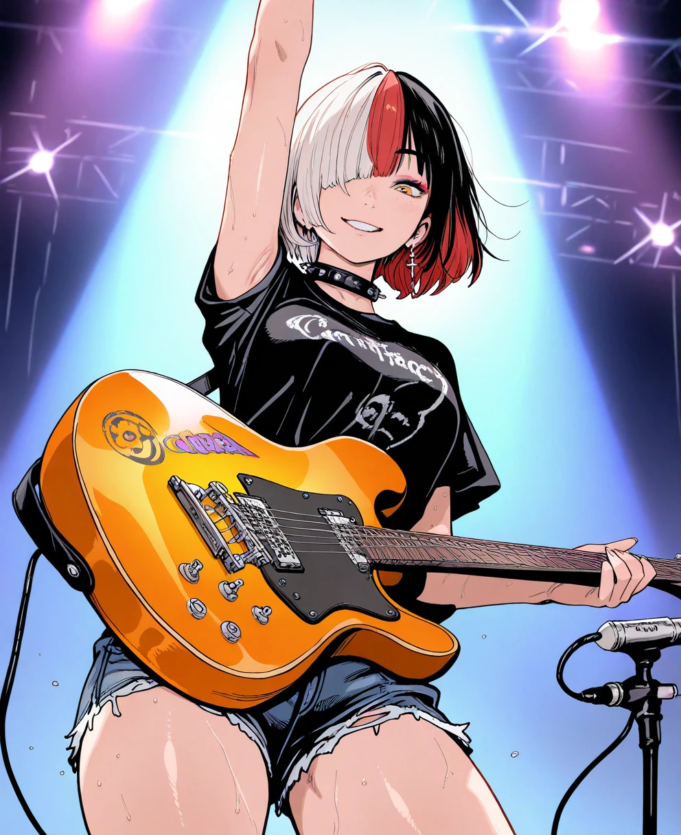 <lora:coffee2haiILLUS:1> coffee2hai,
(masterpiece), (best quality), (ultra-detailed), amazing quality, very aesthetic, illustration, perfect composition, intricate details, absurdres, incredibly absurdres, shiny skin, realistic,
coffee2hai, 1girl, instrument, sweat, electric guitar, denim shorts, cross earrings, black shirt, multicolored hair, jewelry, smile, red hair, split-color hair, two-tone hair, short hair, arm up, white hair, spiked collar, short sleeves, looking at viewer, cutoffs, spikes, grin, t-shirt, hair over one eye, short shorts, orange eyes, choker, cowboy shot, from below, armpits, torn clothes