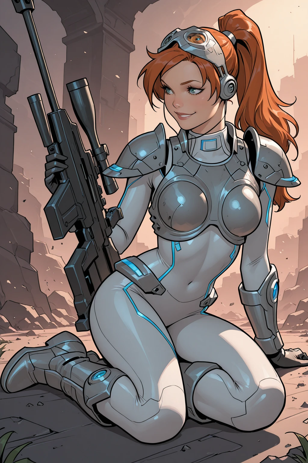 masterpiece, good quality, best quality, very awa, very as2, absurdres, highres
<lora:Sarah KerriganilluLoRA:1> long hair, srahkrrign, ponytail, breastplate, shoulder armor, bodysuit, goggles on head, headphones, gloves, skin tight, bracer, boots, neon trim, glowing, sniper rifle resting on ground, smile, V sign
<lora:Carlos GomezStyleilluLYCO:1> cgstyle, (borderless), full body