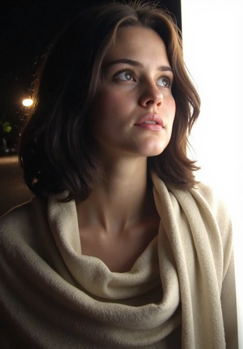d1g1cam, Woman in early 30s, fair-skinned, slim build, shoulder-length wavy brown hair, wearing a light flowing scarf wrapped around her head and neck, delicate facial features, gazing upwards with serene expression, soft glowing highlights on cheekbones and nose, outdoor nighttime setting, surrounded by diffused ambient light, bright ethereal white light source in background, slight halo effect around edges, eyes subtly reflective, high-key lighting emphasizing contours, contrast between illuminated face and darker background, soft cinematic glow enveloping subject, slightly desaturated tones enhancing classic aesthetic, realistic filmic portrait, diffused glowing light style, sharp focus on face, blurred dreamy background, high-quality photography