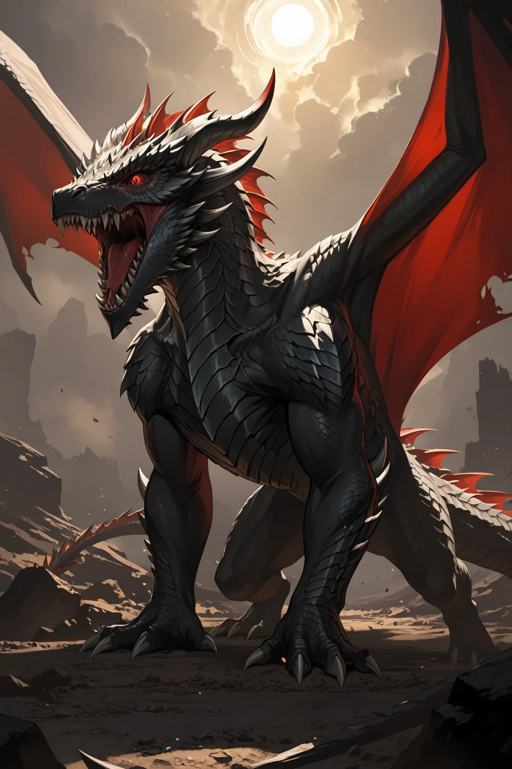 masterpiece, good quality, best quality, very awa, very as2, absurdres, highres
<lora:DragonsilluLoRA.json:1>dragon, teeth, sharp teeth, open mouth, wings, monster, scales, horns, claws, tail, spikes, glowing, red eyes