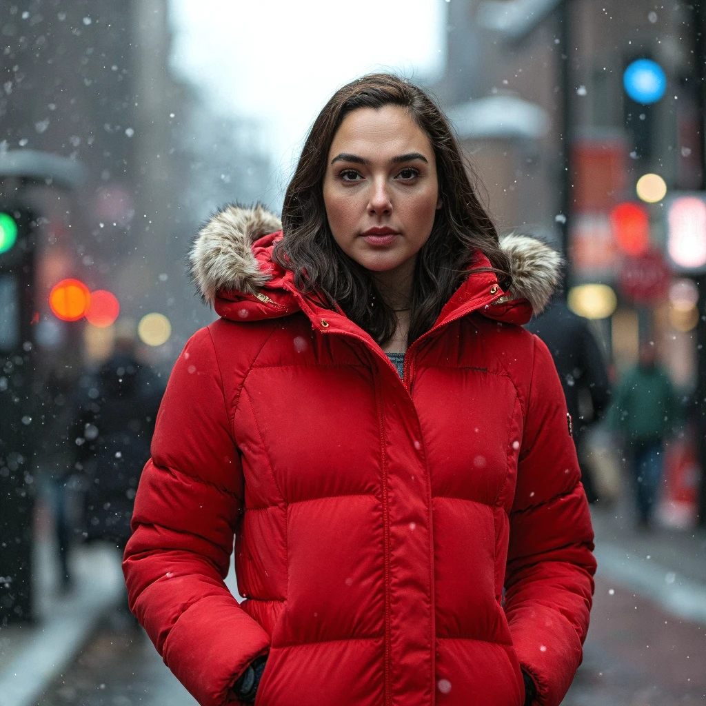 galgdt , Gal Gadot, cinematic still, high resolution image of a beautiful woman wearing a red puffer jacket on a winter morning, street are covered with snow, street photography, inspiration from renowned photographers like Annie Leibovitz, front shot, The image is detailed and shot using a sony A7RIV with 50mm f 1.8 lens. It is a 48 megapixels.