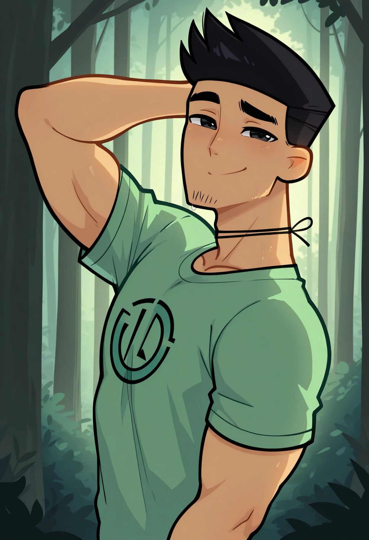masterpiece, best quality, amazing quality, very aesthetic, absurdres, newest, male, bara, devin_TDRR, black hair, black eyes, short hair, string choker, green shirt, upper body, looking at viewer, forest, sunny, volumetric lighting, solo, power button logo, smile, side view, arm behind head, confident
