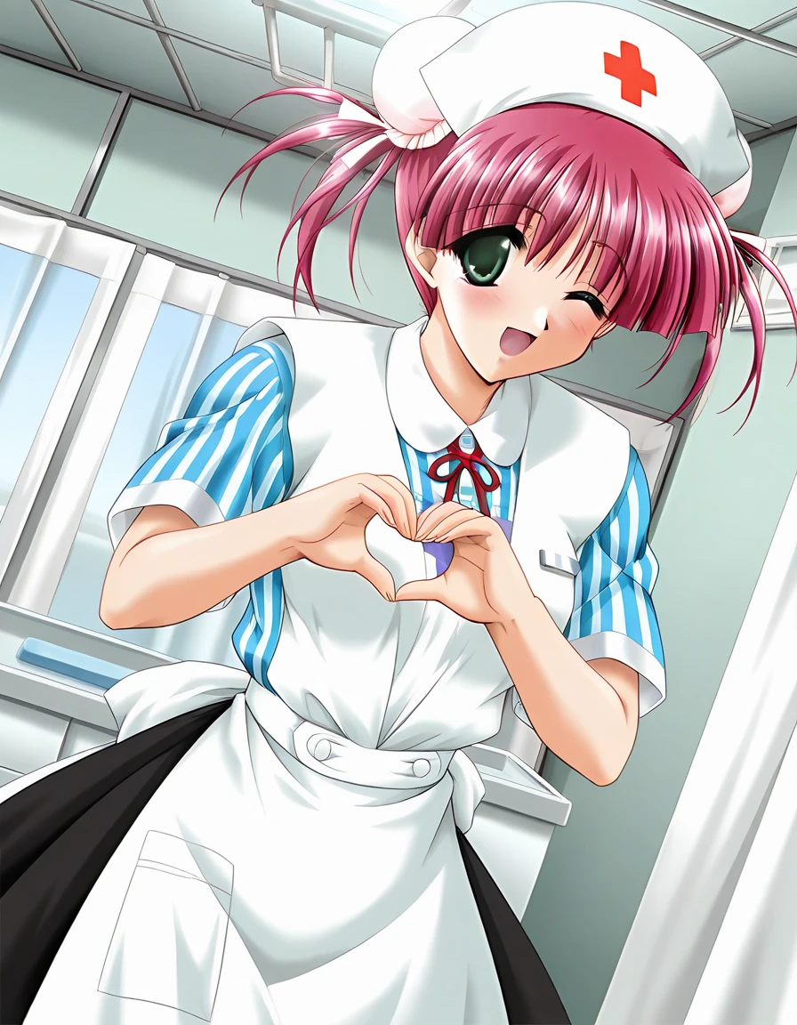 masterpiece, best quality, official art, amazing quality, ultra highres, very aesthetic, highly detailed, intricate,
1girl, solo, nanana, pink hair, green eyes, beautiful detailed eyes,
nanana_nurse_clothes, nurse, nurse cap, skirt, BREAK
;d,
standing, heart hands,
hospital, dynamic angle, deep contrast of light and dark, sharp focus, depth of field,
<lora:yoshino_nanana v1.1-000010:1> <lora:genba_neko_like_IL_v1:1>
