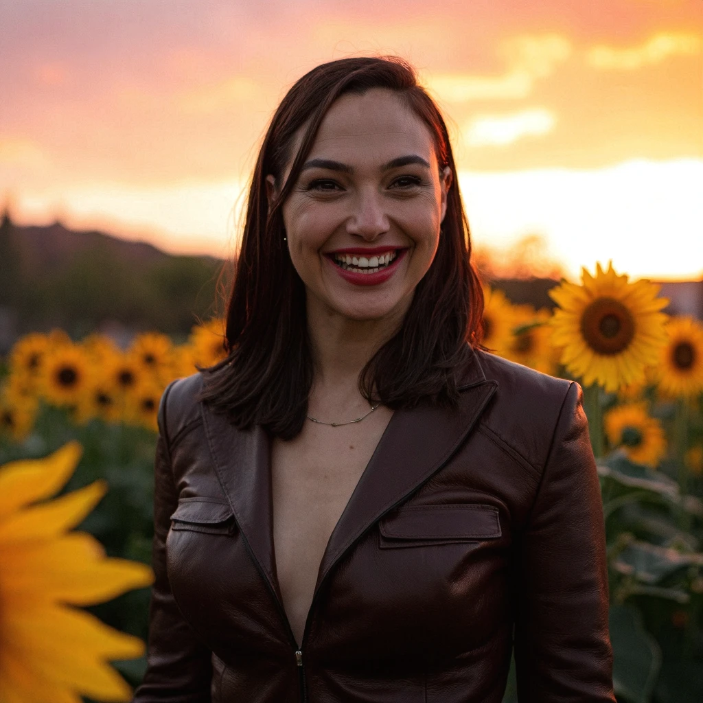 galgdt , Gal Gadot, cinematic still, high resolution image of a beautiful woman wearing a brown leather jacket, standing in a sunflower field during sunset, there are blurred sunflowers in the foreground, cinematic depth, she looking ahead with a happy expression, portrait photography, inspiration from renowned photographers like Annie Leibovitz, front shot, The image is detailed and shot using a sony A7RIV with 50mm f 1.8 lens. It is a 48 megapixels.