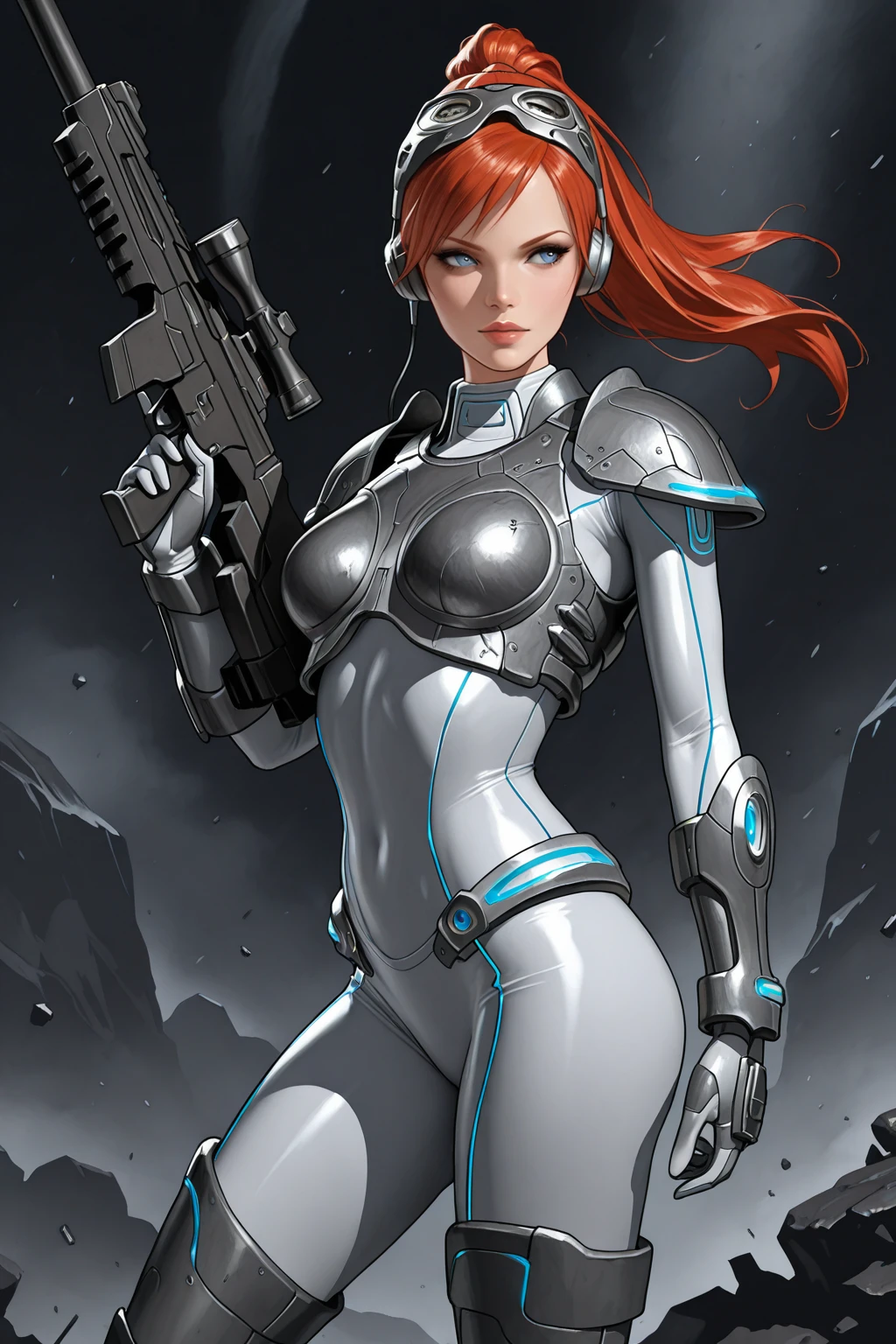 masterpiece, good quality, best quality, very awa, very as2, absurdres, highres
<lora:Sarah KerriganilluLoRA:1>srahkrrign, long hair, red hair, ponytail, breastplate, shoulder armor, bodysuit, goggles on head, headphones, gloves, skin tight, bracer, boots, cowboy shot, neon trim, glowing, holding rifle, frontal
<lora:80FantasyStyleilluLYCO:0.8> fantastyle