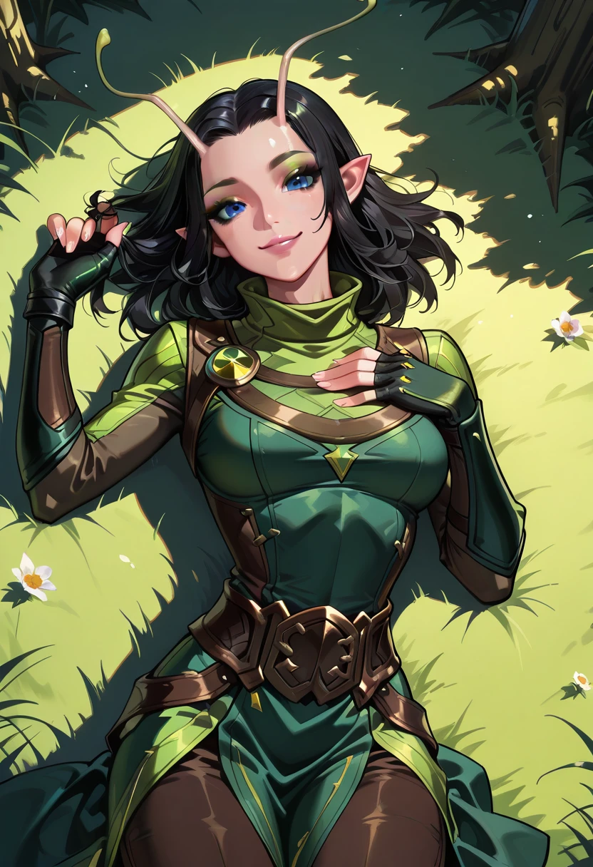 masterpiece, best quality, newest, absurdres, highres, <lora:RivalsMantisIllustrious:0.9>, RVLSMNT, antennae, black hair, medium hair, makeup, pointy ears, blue eyes, green robe, long sleeves, fingerless gloves, brown pants, smile, forest lying, on back, spread hair, grass, close-up, looking at viewer, hand on own chest, from above,