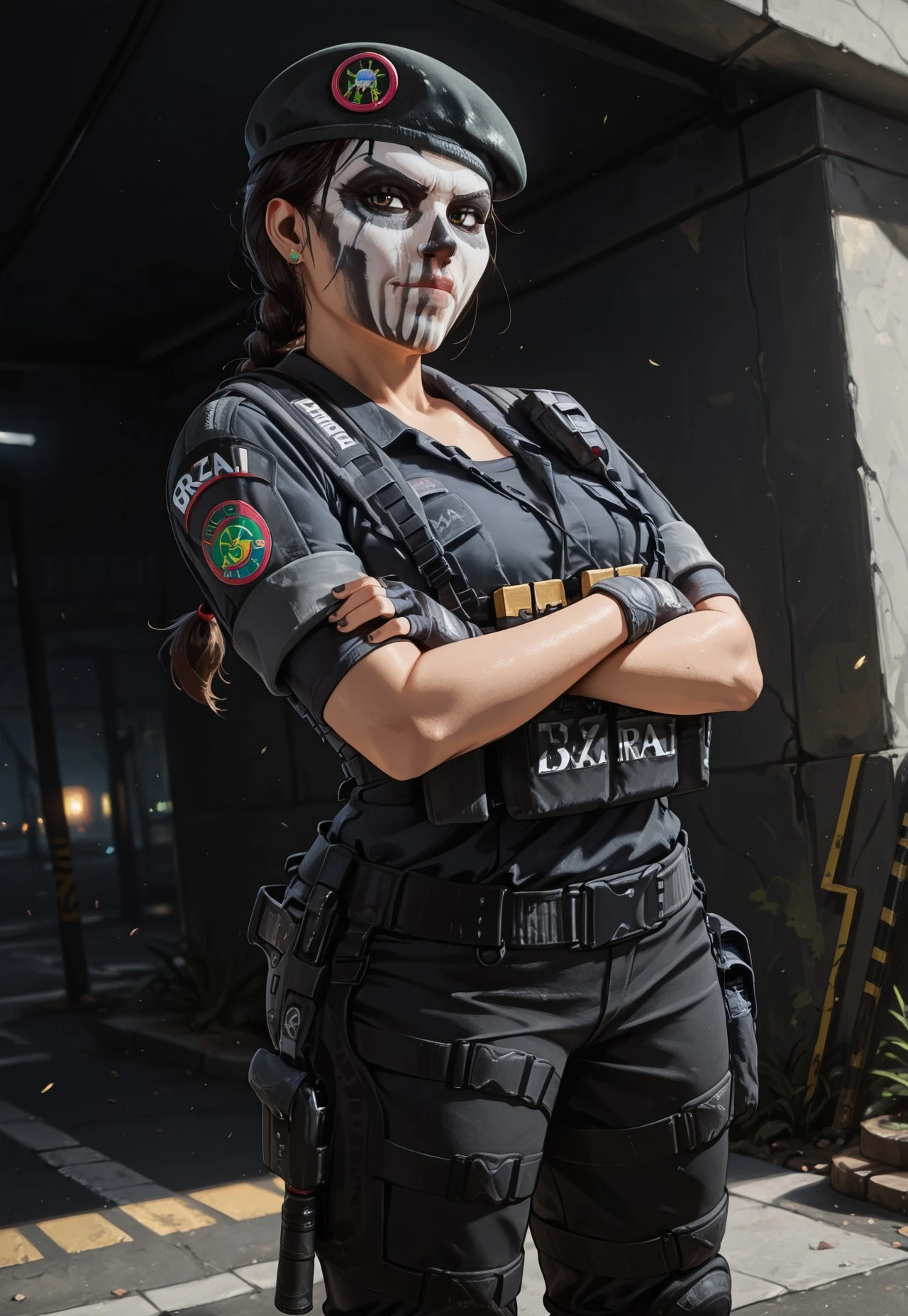 masterpiece, best quality, BREAK, dynamic angle, 1girl, solo, caveirar6s, brown hair, beret, facepaint, braided ponytail, black shirt, chest rig, black pants, fingerless gloves, arms crossed, looking at viewer, brazil, favela, detailed scenery
