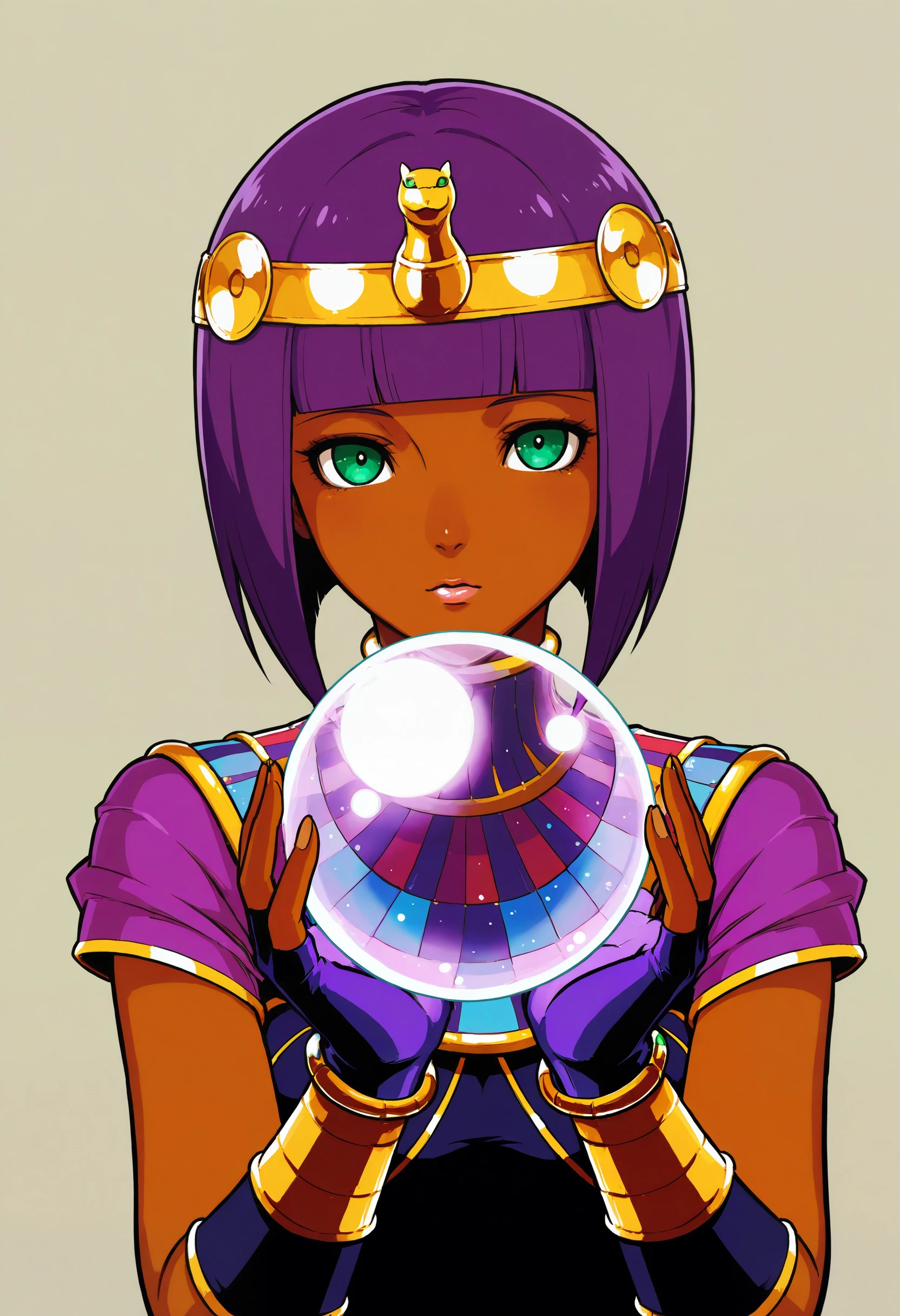 1girl,solo,dark skin, purple hair, menat, short hair, crystal ball, blunt bangs, fingerless gloves, green eyes, bracelet, bob cut, egyptian, circlet,