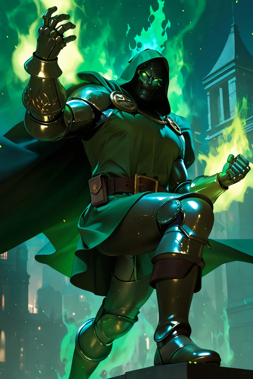masterpiece, good quality, best quality, very awa, very as2, absurdres, highres, 3d
<lora:Doctor DoomilluLoRA:1>drdm, hood, cape, belt, armor, cloak, mask, gauntlets, muscular, boots, green glowing eyes, (green aura, casting green fire:2), fighting pose, city, at night, explosions, dynamic pose,