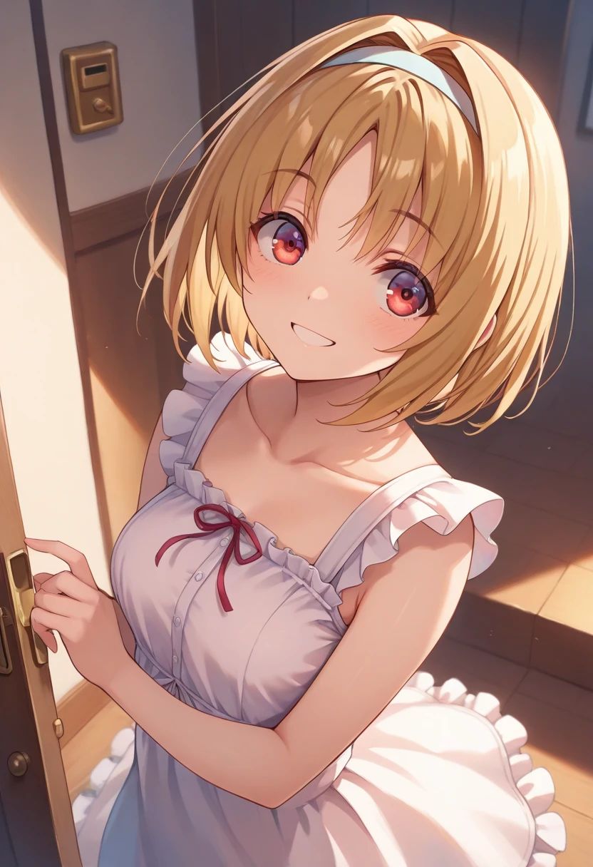 masterpiece, best quality, absurdres, safe
1girl kikyo kushida hairband white hairband blonde hair short hair red eyes
smile, white dress, frilled dress
<lora:cote_aio_il_6_v1_d32:1>