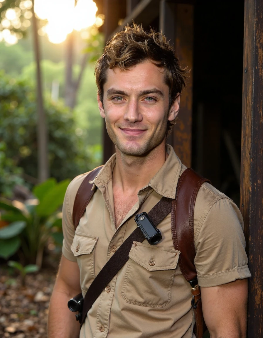 <lora:Jude_Law_Ca2004:1> man Extreme Close-Up, Standing In Rainforest Ruins, Wearing A Safari Shirt And Vest, Gun in Holster, Holding A Bullwhip, Happy, Golden Hour, God Rays, Lighting Effects, Smoke Effects, Smokey Air, Misty Air, Extreme Close-Up, Zoomed, Focus On Face, Centered, Macro Shot, Face Centered, Focus On Eyes, Looking Directly At The Viewer, Looking Directly At The Camera, Making Eye Contact, Looking Straight Ahead, <lora:zz_s_Chest_Size_Slider:-2> High Collar, Chest Covered