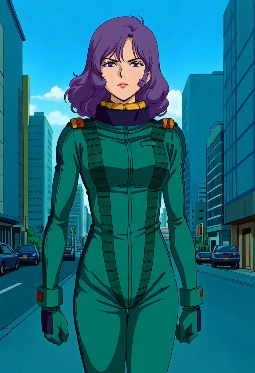 masterpiece, best quality,rosamia badam, purple hair, 1girl, pilotsuit, gauntlet, solo,city view, street view
