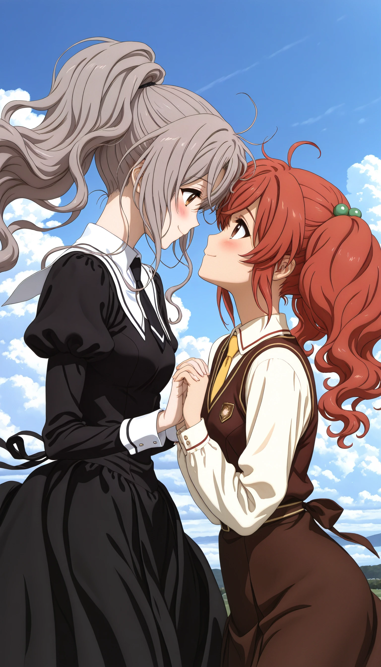 ((SK-Illu, sakai_kyuuta, long_hair, blush, smile, short_hair, multiple_girls, brown_hair, hair_ornament, photoshop_(medium), red_eyes, dress, long_sleeves, 2girls, brown_eyes, twintails, school_uniform, very_long_hair, jewelry, ponytail, yellow_eyes, ahoge, red_hair, necktie, sky, outdoors, day, puffy_sleeves, cloud, official_art, grey_hair, yuri, looking_at_another, black_dress, blue_sky, scan, profile, holding_hands, floating_hair, wavy_hair, couple, hair_bobbles, wind, juliet_sleeves, interlocked_fingers, eye_contact, face-to-face))