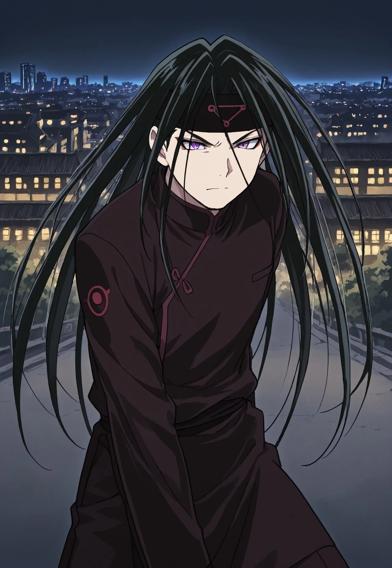 score_9, score_8_up, score_7_up, score_6_up, source anime, masterpiece, best quality, FMAB_Envy, 1boy, male focus, solo, long hair, black hair, purple eyes, slit pupils, headband, dynamic pose, japanese male fashion, japanese city, cowboy shot