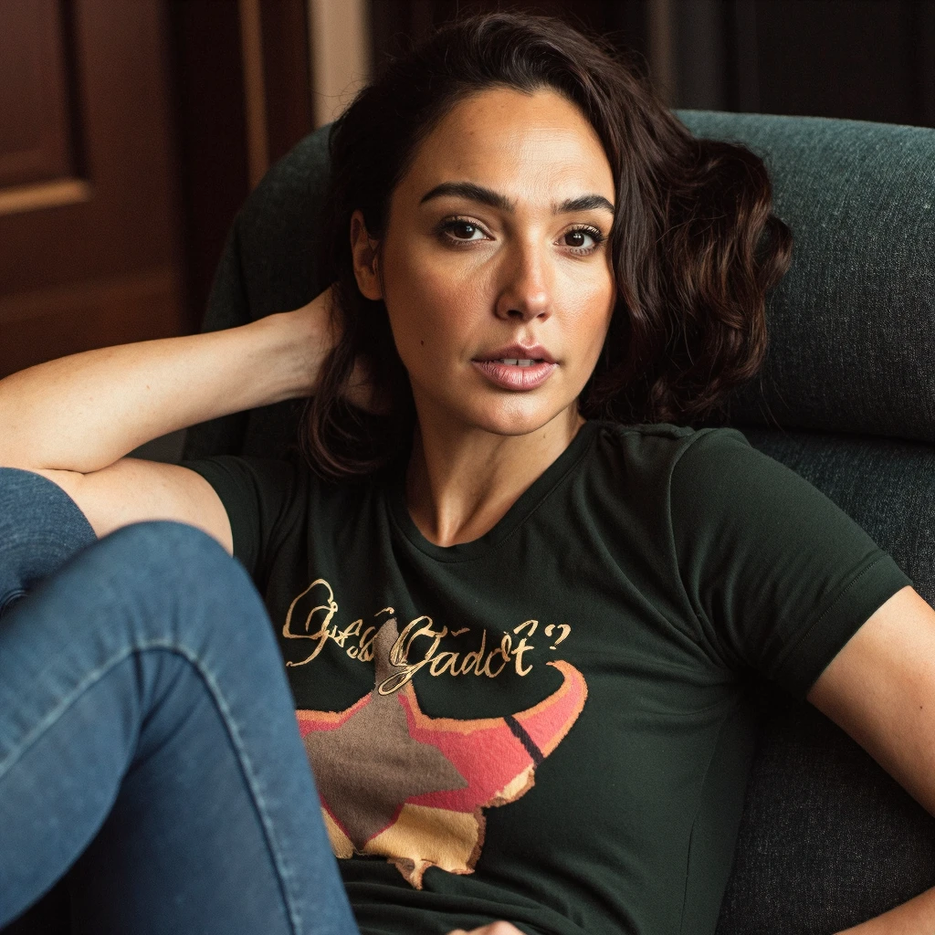 galgdt , Gal Gadot, high resolution image of a beautiful woman wearing a tshirt, sitting on couch, closeup shot, relaxed, portrait photography, inspiration from renowned photographers like brandon woelfel, The image is detailed and shot using a sony A7RIV with 50mm f 1.8 lens, RAW photo, highest quality, high detail RAW color photo, professional photo
