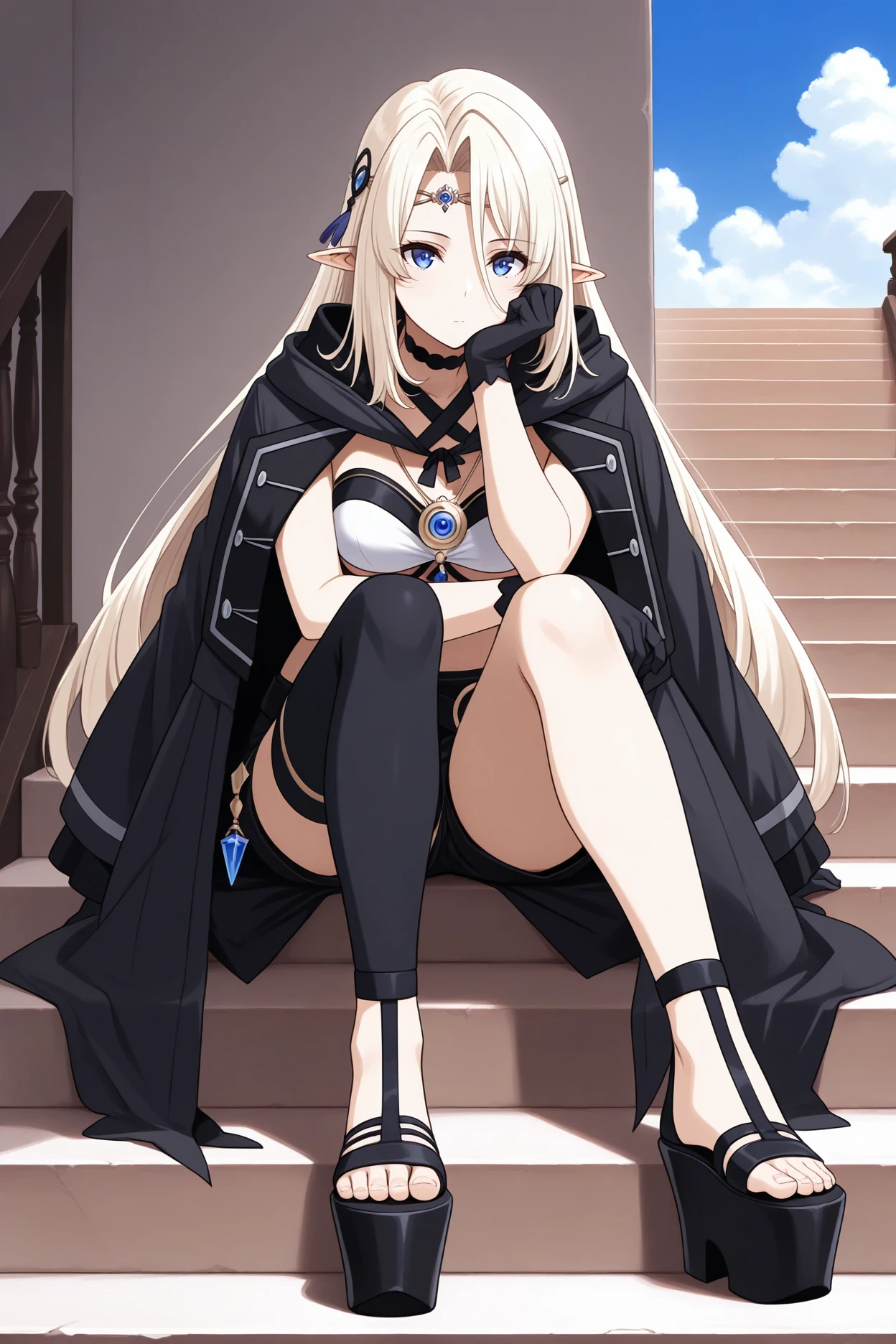 masterpiece, best quality, 1girl, solo, <lora:sdbeatrix-illu-nvwls-v1-000006:1> sdbtr, pointy ears, platinum blonde hair, long hair, hair between eyes, blue eyes, circlet, hair ornament, black choker, white tube top, criss-cross halter, black straps, black shorts, short shorts, belt, black gloves, single thighhigh, platform sandals, full body, black coat on shoulders, sitting, looking at viewer, stairs, expressionless, blue sky, clouds, pendant, head rest