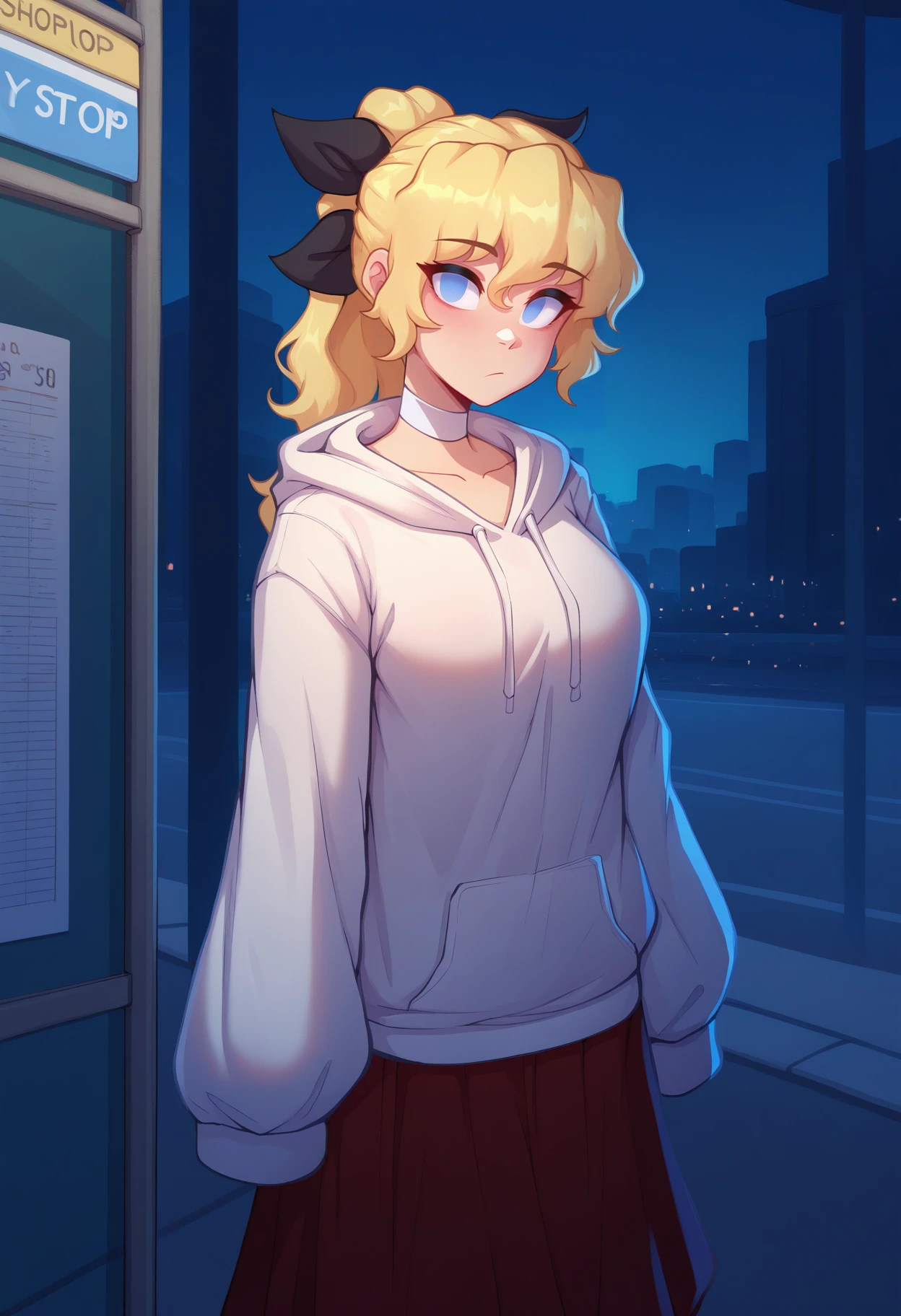 masterpiece, best quality, newest, absurdres, highres, 1girl, solo, <lora:NSLillyKatawa:1> NSLillyMisc, blue eyes, blind, no pupils, blonde hair, long hair, ponytail, black ribbon, hair ribbon, white hoodie, oversized clothes, sleeves past fingers, red skirt, bus stop, city, night, dark, white choker, looking at the viewer,
