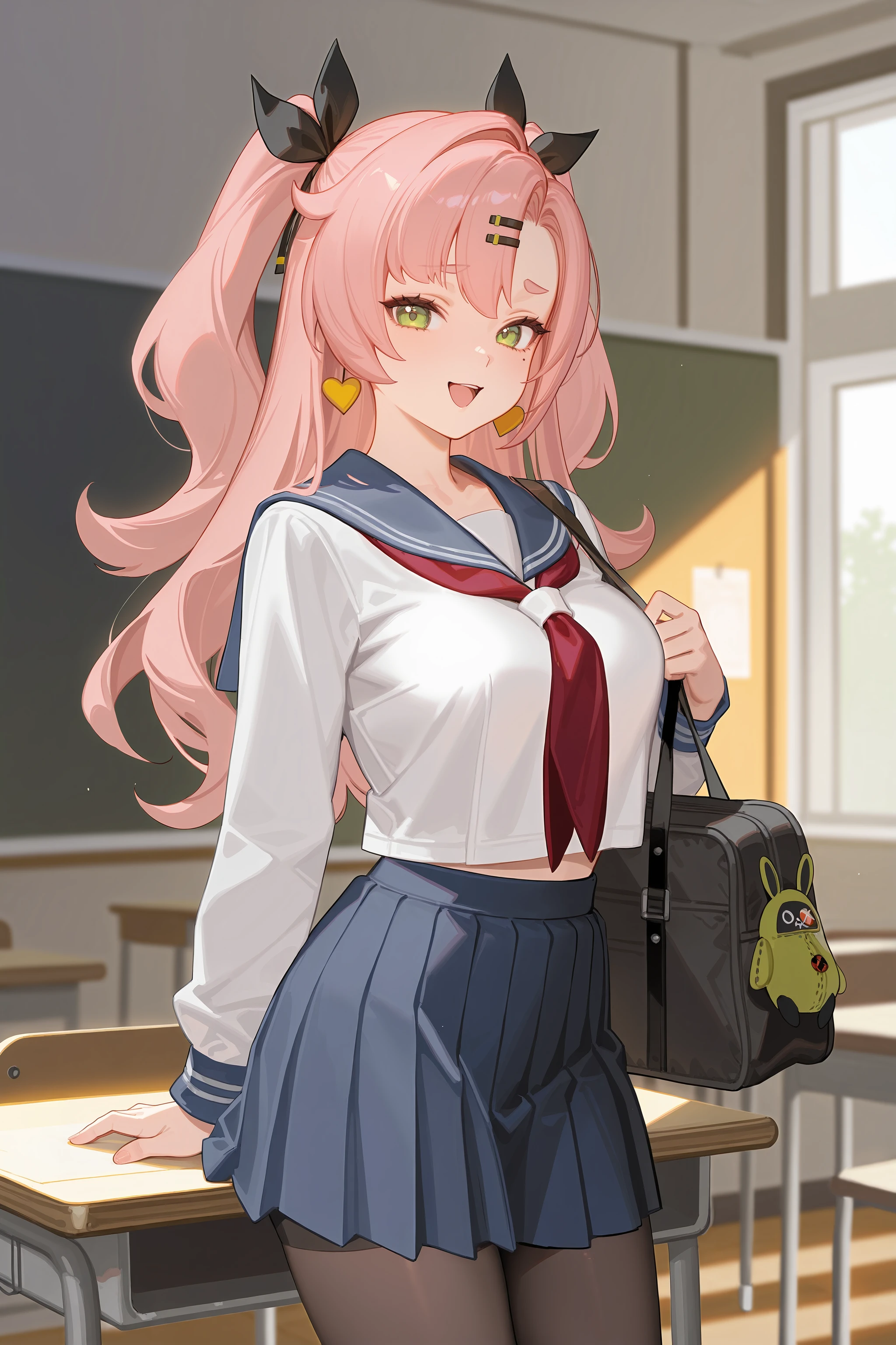 1girl, nicole demara, two side up, hair ribbon, hairclip, solo, serafuku, sailor collar, pleated skirt, pantyhose, no shoes, looking at viewer, light smile, cowboy shot, smile, open mouth, classroom, indoors, depth of field <lora:Char-ZZZ-Nicole-IL-V2:0.9:hr=0.6>, ciloranko, alphonse \(white datura\), ask \(askzy\), gomzi, you shimizu
masterpiece, best quality, amazing quality, very aesthetic, absurdres, newest, (scenery, volumetric lighting)