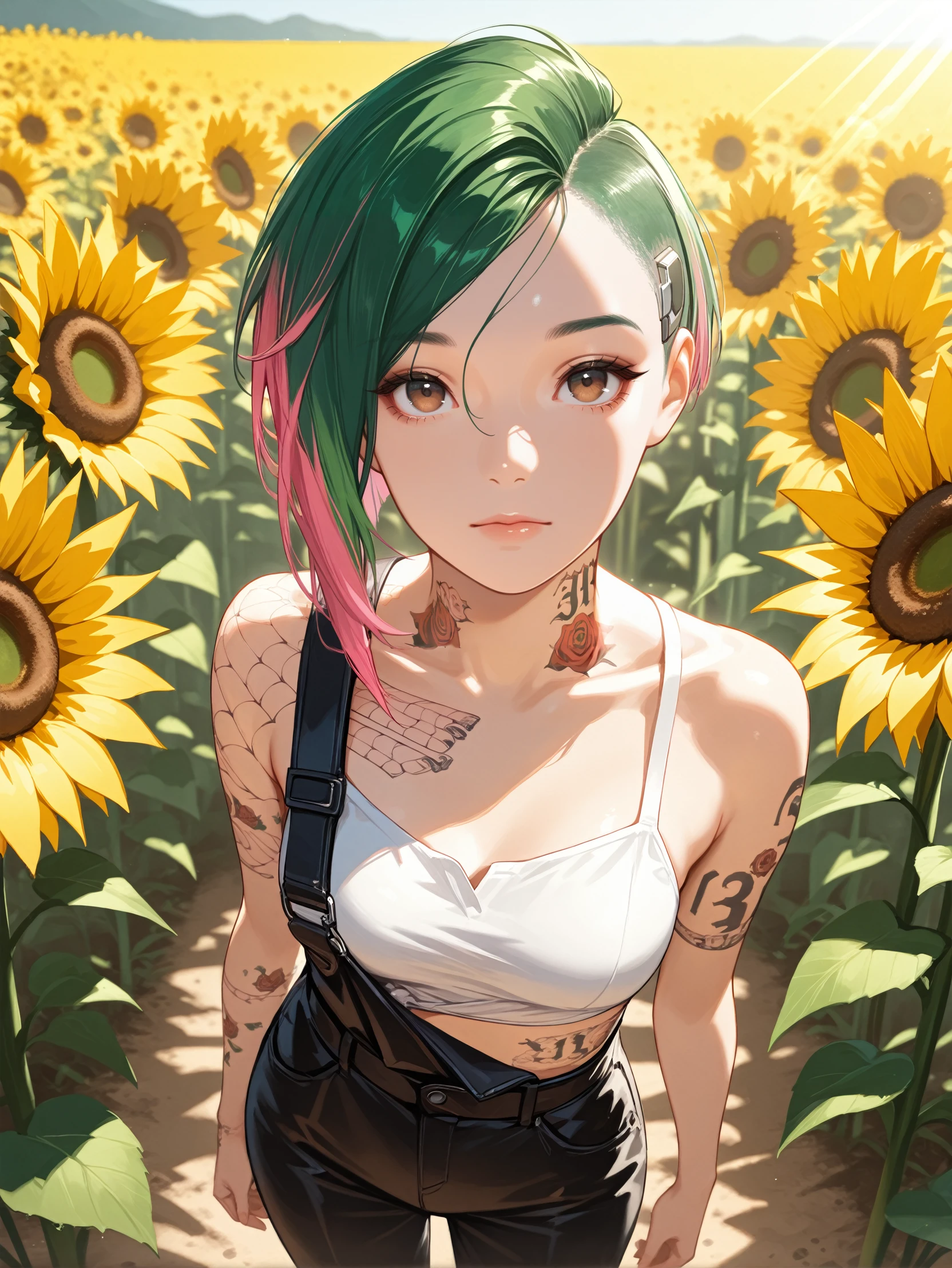 masterpiece, best quality, absurdres,
<lora:ILCyberJudy:1.0>
CyberJudy, 1girl, brown eyes, sidecut, asymmetrical hair, multicolored hair, pink hair, green hair, tattoo, looking at viewer, standing in a sunflower field, looking up, sunlight