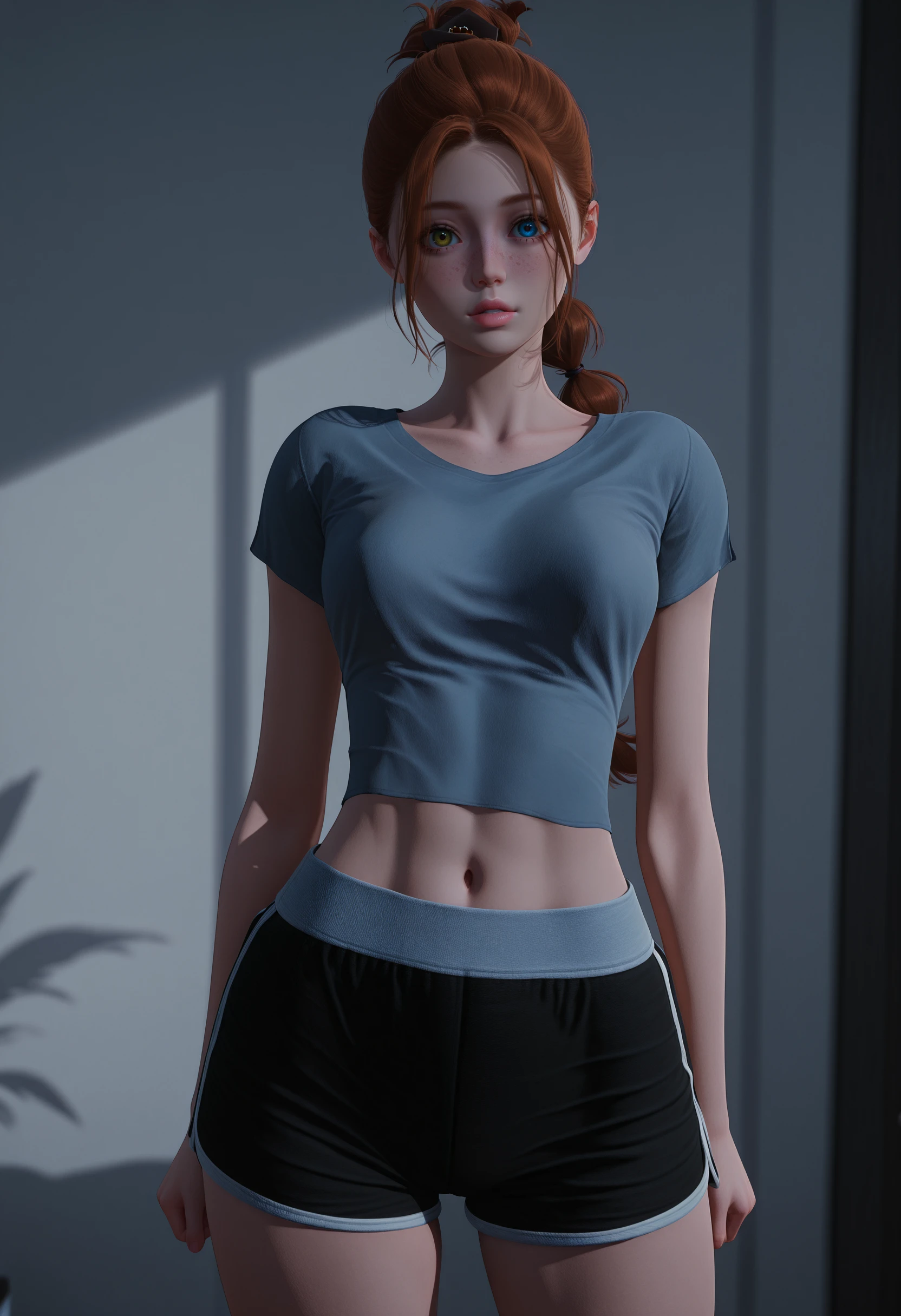 1girl, solo, long hair, braided ponytail, ponytail holder, grey crop top, black gym shorts, midriff, navel, blue eye, yellow eye, heterochromia, orange hair, looking at viewer, masterpiece, best quality, newest, absurdres, highres, depth of field, high quality, detailed, 3d, realistic, <lora:Nova ILLUST Eternum V1.8 By DreamImg:1> novaet, freckles, medium breasts