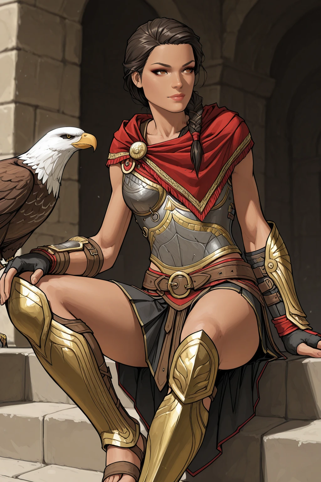 masterpiece, good quality, best quality, very awa, very as2, absurdres, highres,
<lora:KassandrailluLoRA:0.8>kssndra, braid, long hair, hair over shoulder, capelet, breastplate, asymetrical bracer, fingerless gloves, belt, skirt, greaves, sandals, eagle sitting on
<lora:Michael Turner Marc SylvestriStyleIlluLYCO:1> mtms