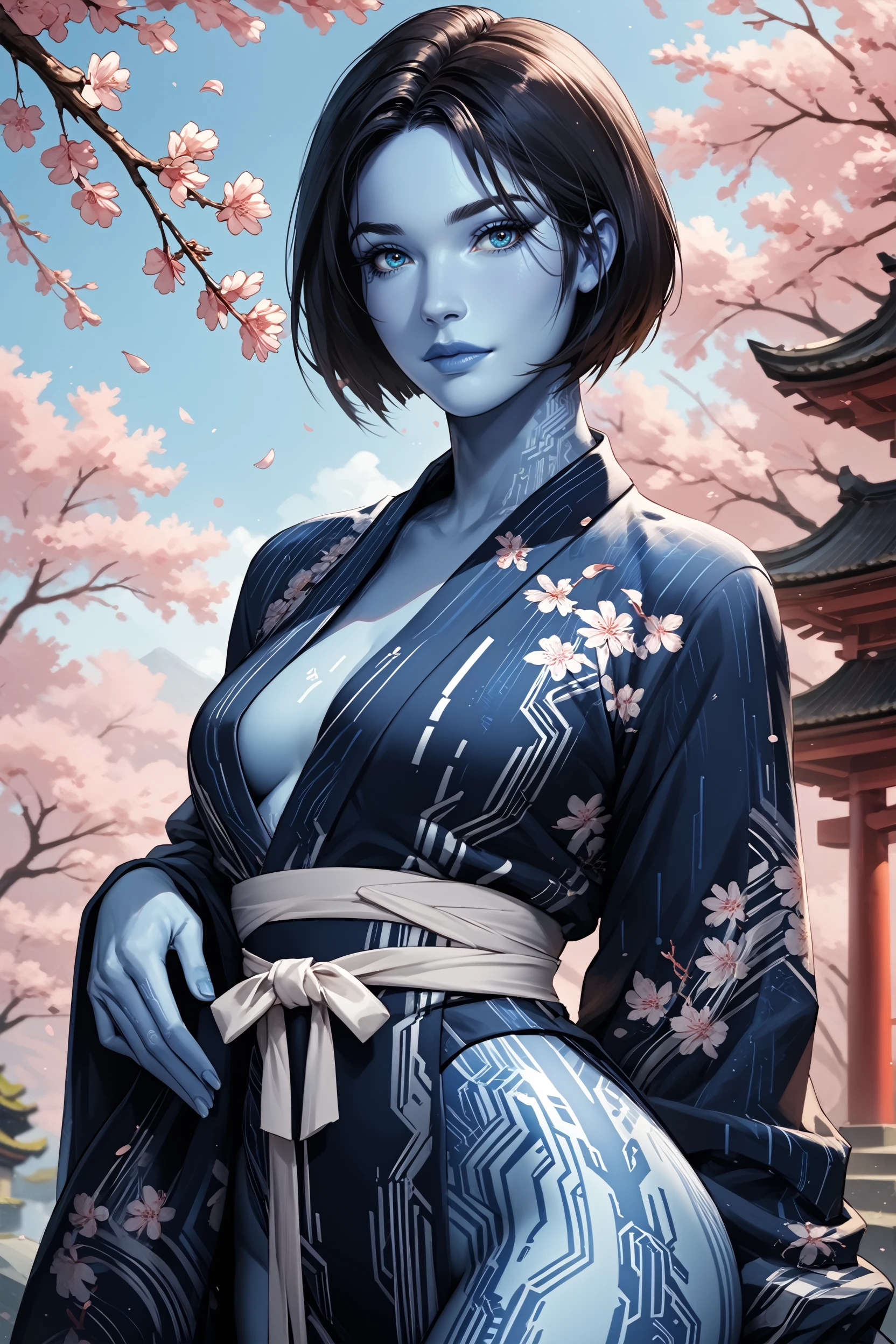 score_9, score_8_up, score_7_up, score_6_up
<lora:HCortana:0.8>
HCortana, 1girl, short hair, black hair, blue eyes, blue skin, android, looking at viewer, yukata, japan, cherry blossoms, hair ornament