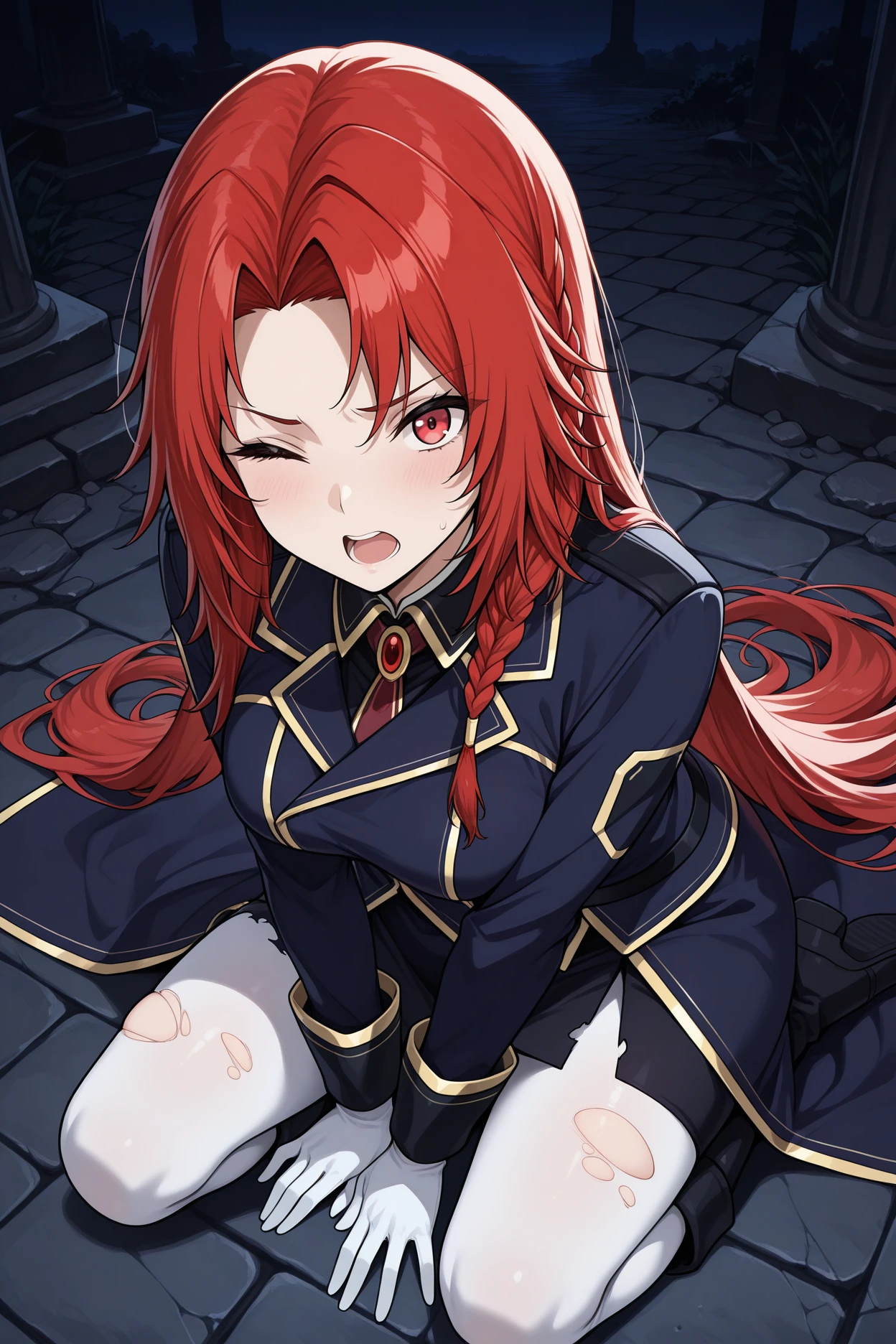 masterpiece, best quality, 1girl, solo, <lora:irismidgar-illu-nvwls-v1-000006:1> imidgar, red hair, long hair, parted bangs, braid, red eyes, dark blue coat, gold trim, black skirt, white pantyhose, white gloves, black boots, on ground, kneeling, torn clothes, wince, looking at viewer, from above, night, stone floor, from side, open mouth, all fours