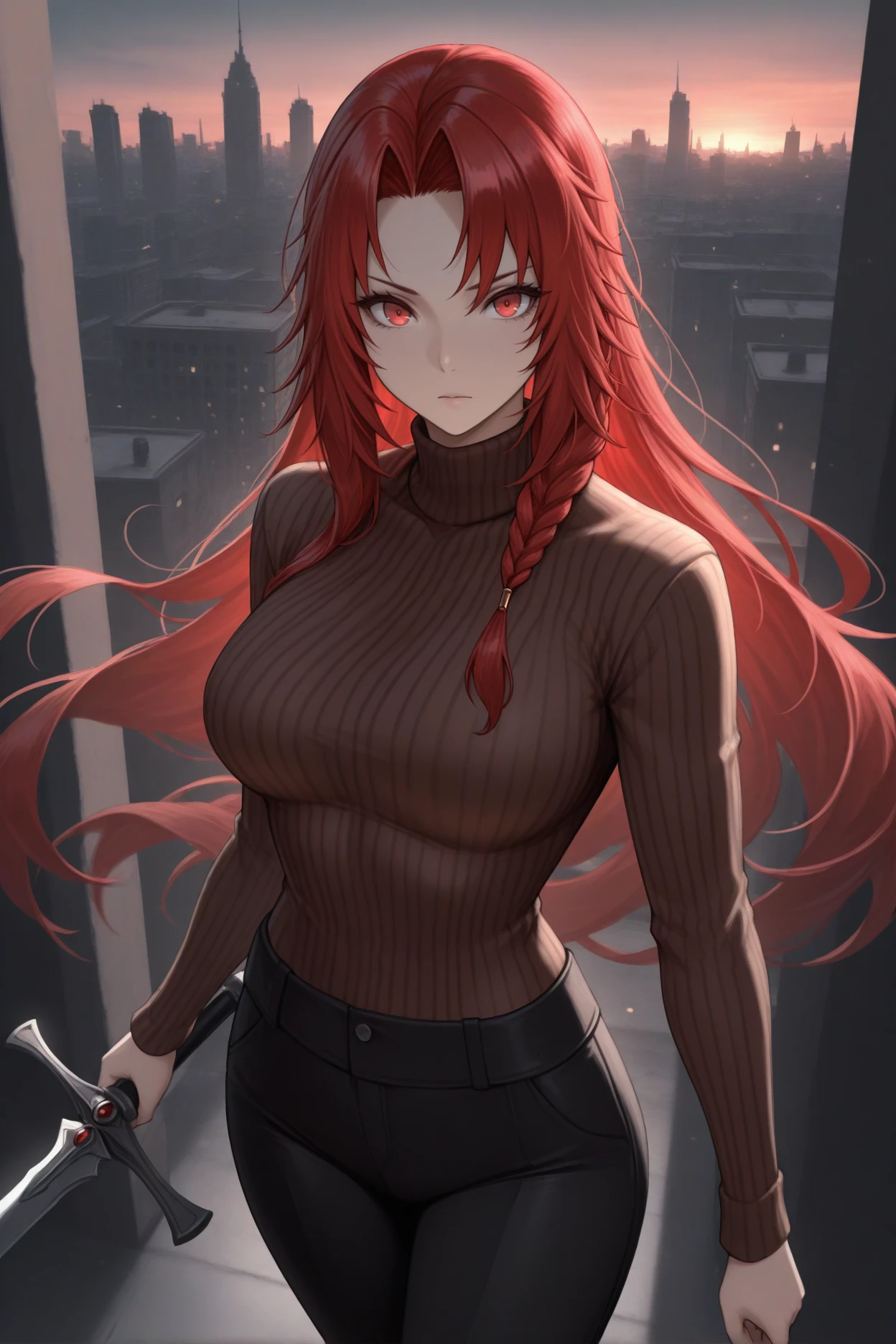 masterpiece, best quality, 1girl, solo, <lora:irismidgar-illu-nvwls-v1-000006:1> imidgar, red hair, long hair, parted bangs, side braid, red eyes, brown sweater, turtleneck, black pants, holding sword, looking at viewer, city, dusk