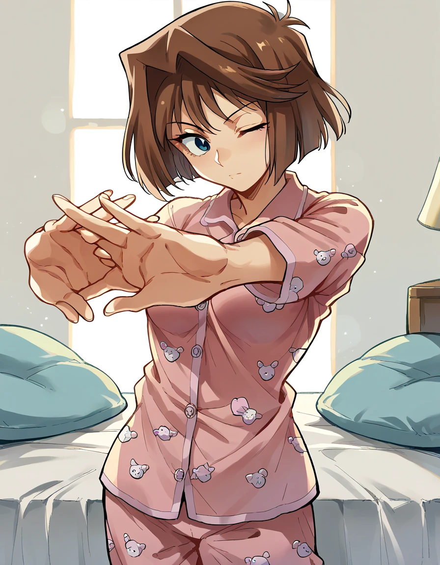 score_9, score_8_up, score_7_up, source_anime, <lora:anzu-mazaki-ponyxl-lora-nochekaiser:1> anzu mazaki, blue eyes, brown hair, short hair, mature female, medium breasts, <lora:outstretched-arms-cracking-knuckles-ponyxl-lora-nochekaiser:1>, outstretched arms cracking knuckles, stretching, own hands together, outstretched arms, cracking knuckles, one eye closed, pajamas, bedroom,