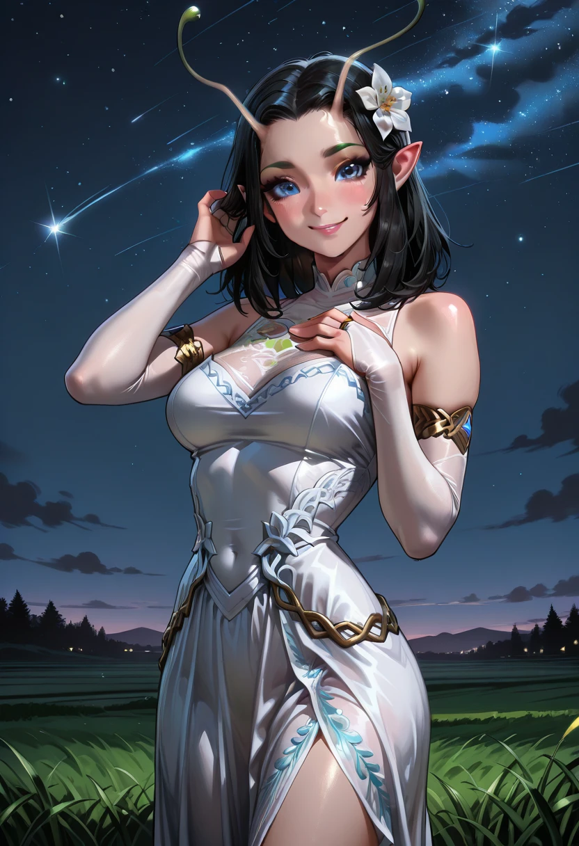 masterpiece, best quality, newest, absurdres, highres, <lora:RivalsMantisIllustrious:0.9>, RVLSMNT, antennae, black hair, medium hair, makeup, pointy ears, blue eyes, white dress, smile, blush, hair, embroidery, bridal gauntlets, grass, sky, night, stars, breasts, hair flower, flowing dress, adjusting hair, close-up, looking at viewer, hand on own chest,